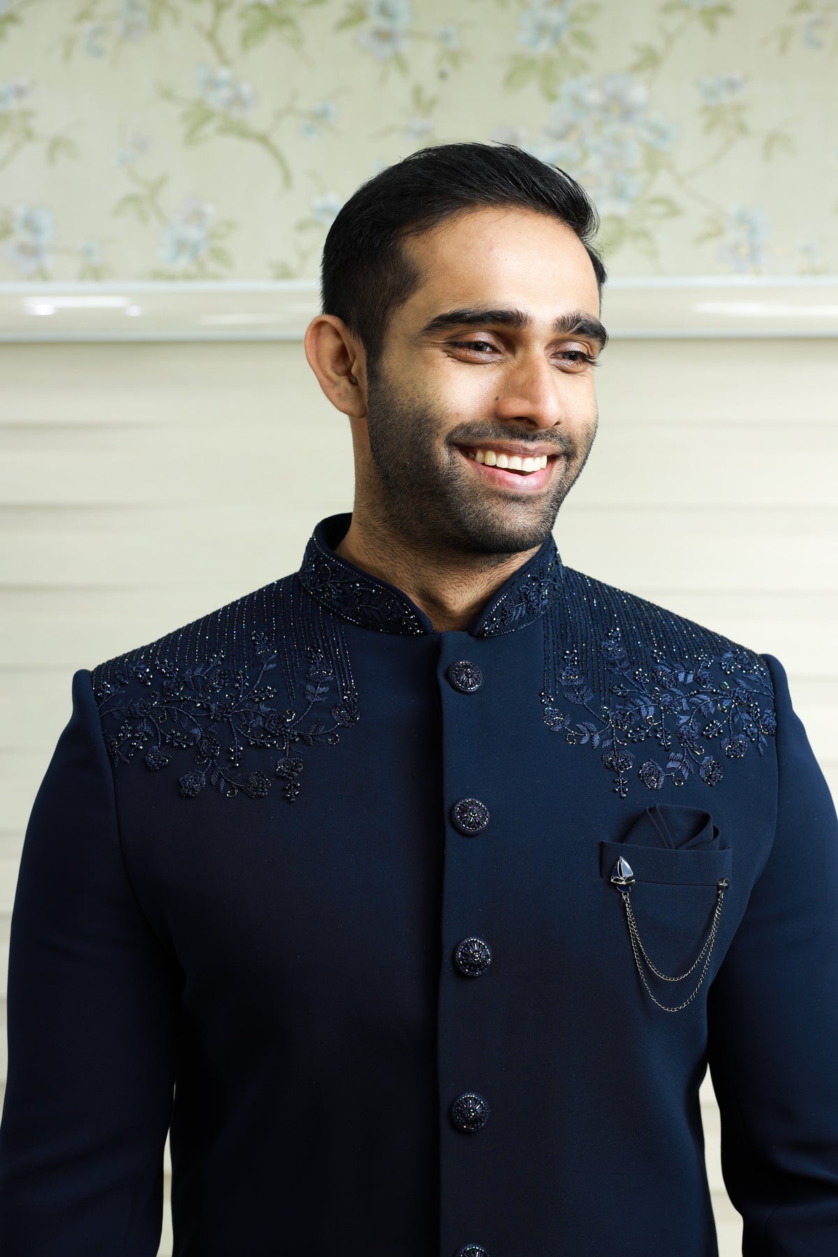 Oxford Blue Indo Western Achkan Suit With Bead & Thread Handwork Detailing paired with Black Narrow Pants (Set of 2)