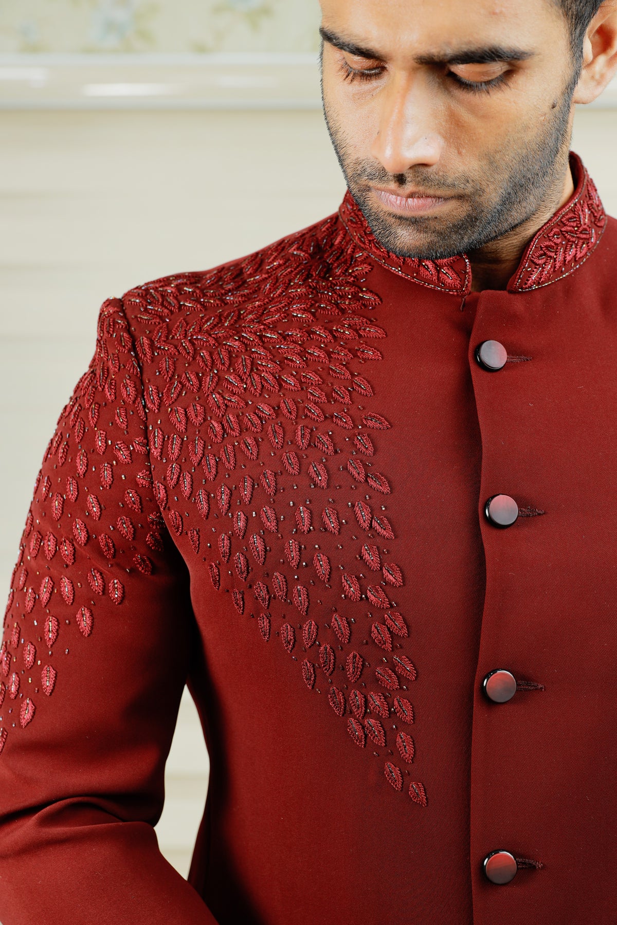 Barn Red Indo Western Bandhgala Suit With Thread Handwork Detailing paired with Black Narrow Pants (Set of 2)