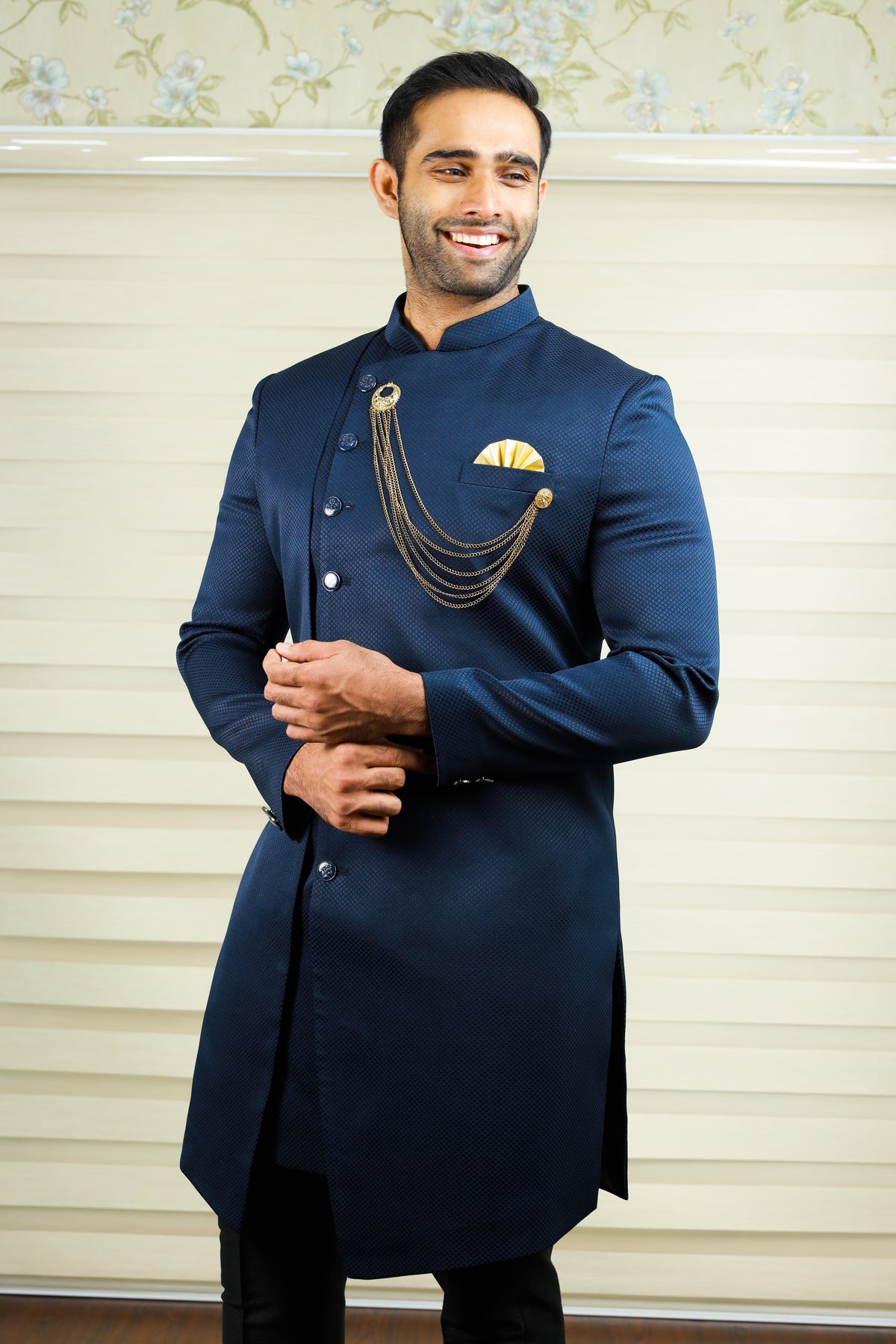 Prussian Blue Indo Western Side Open Achkan Suit with Black Narrow Pants (Set of 2)