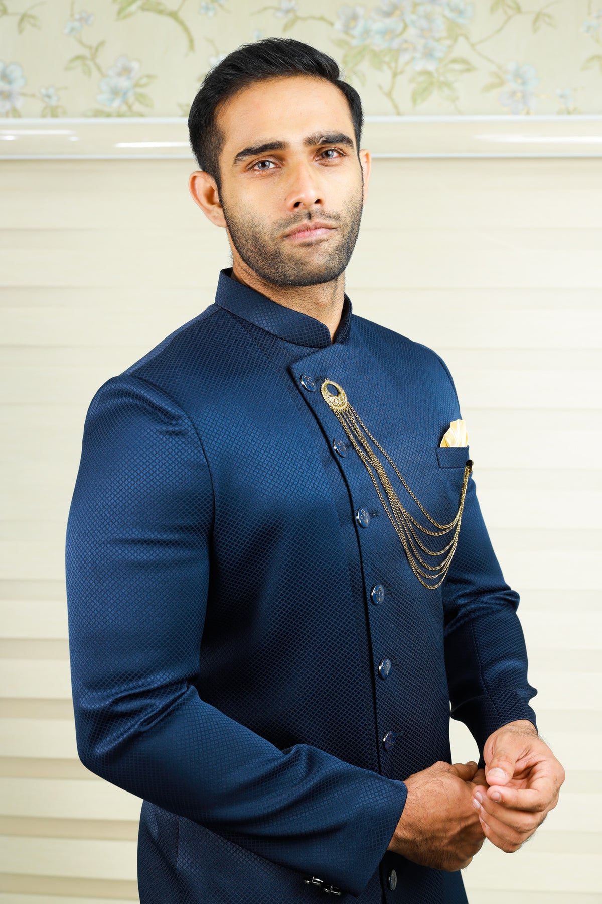 Prussian Blue Indo Western Side Open Achkan Suit with Black Narrow Pants (Set of 2)