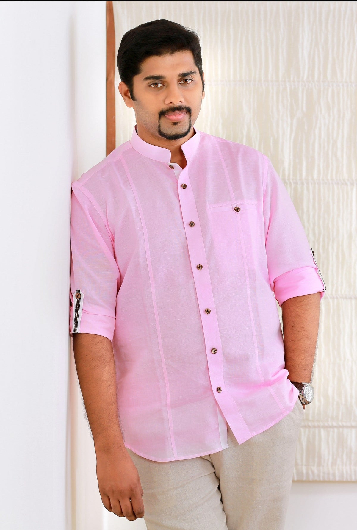 Powder Pink Linen Shirt with White Contrast Detailing on Neck & Sleeves (Only Shirt)