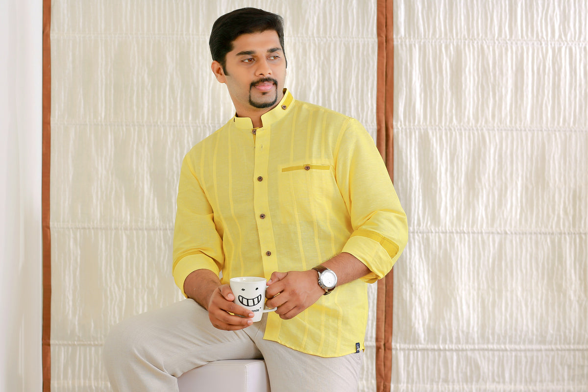 Pastel Yellow Linen Chinese Collar Shirt with Contrast Mustard Yellow Detailing (Only Shirt)