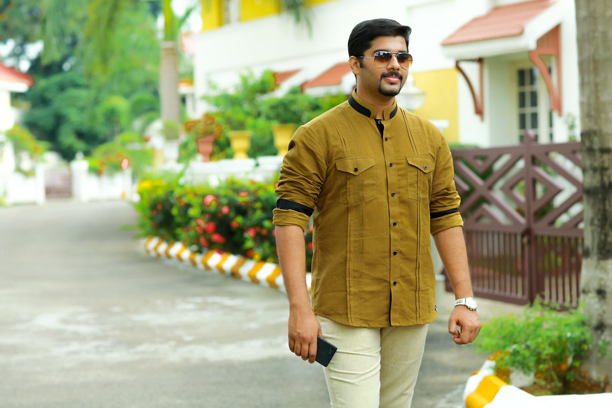 Dijon Linen Shirt with Black Contrast Detailing on Neck & Sleeves (Only Shirt)