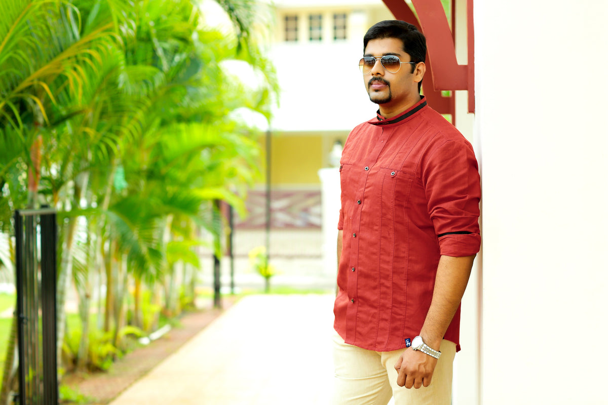 Ruby Red Linen Shirt with Black Contrast Detailing on Neck, Sleeves & Placket (Only Shirt)
