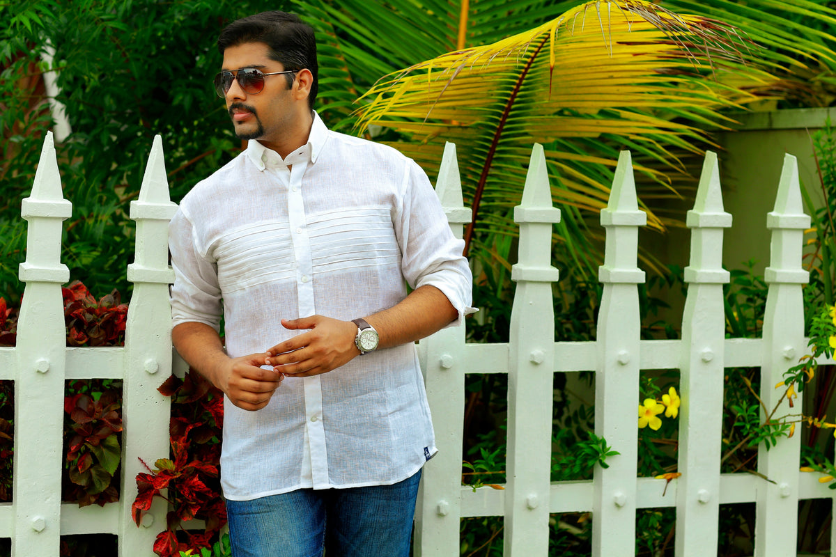 Pearl White Buttondown Collar Shirt with Horizontal Self Tuck Detailing (Only Shirt)