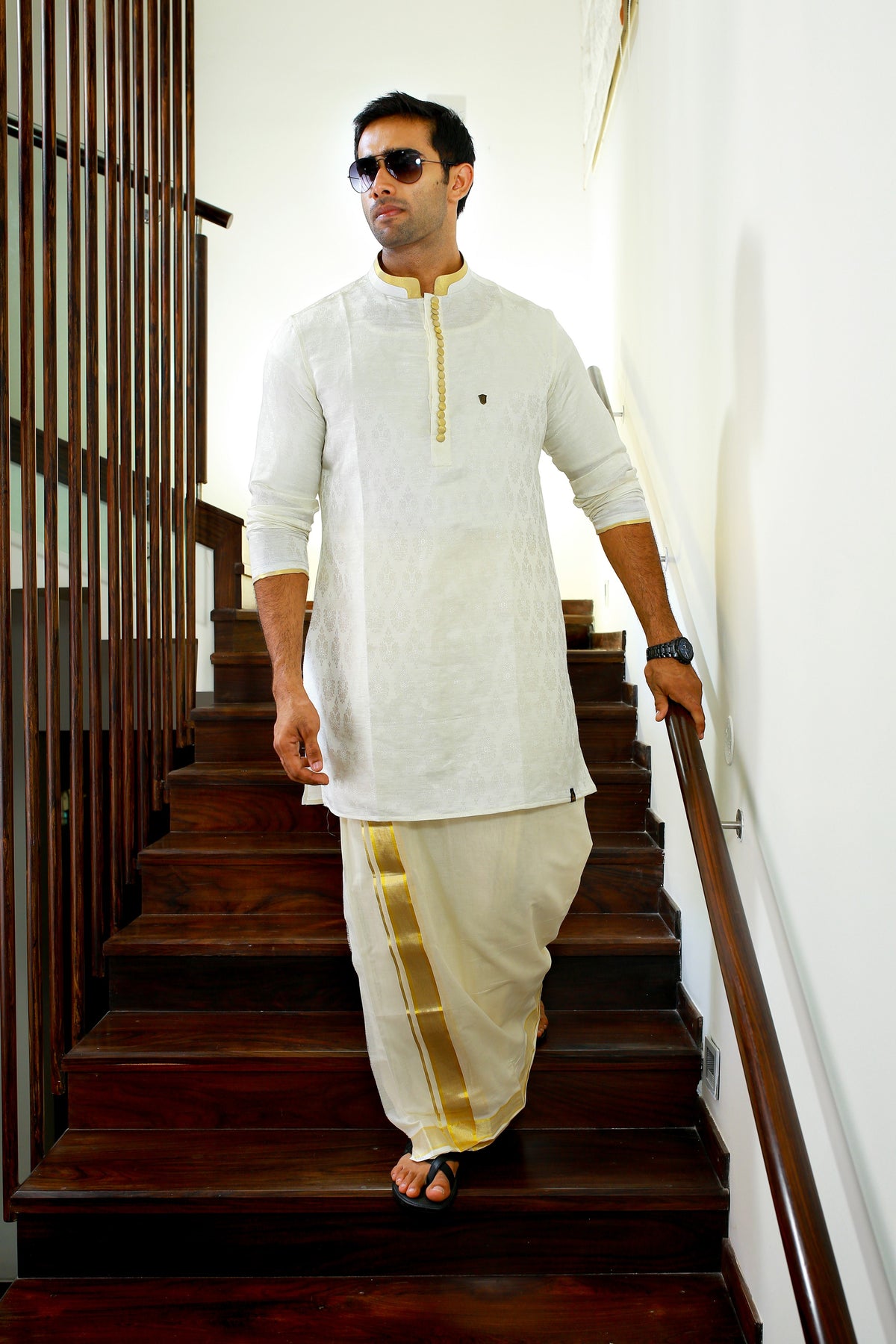 White Brocade Silk Kurta Set Golden Zari Detailing on Buttons, Neck & Sleeves (Kurta + Kasavu Munde)