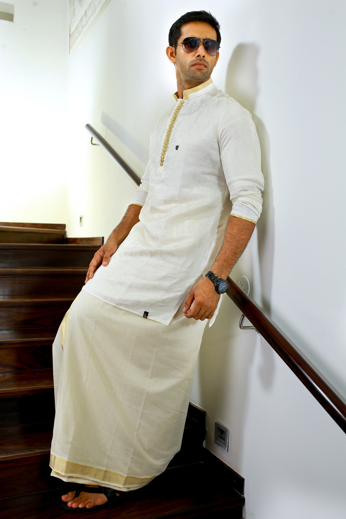 White Brocade Silk Kurta Set Golden Zari Detailing on Buttons, Neck & Sleeves (Kurta + Kasavu Munde)