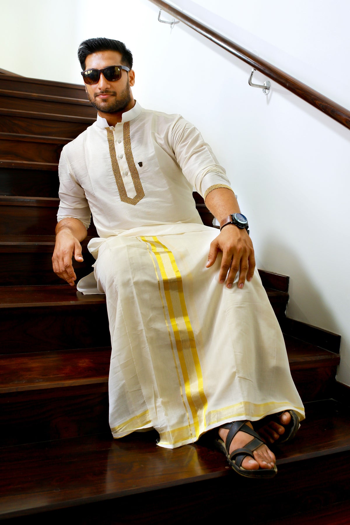 Off White Silk Kurta Set with Hand Work Detailing on Placket  (Kurta + Kasavu Munde)