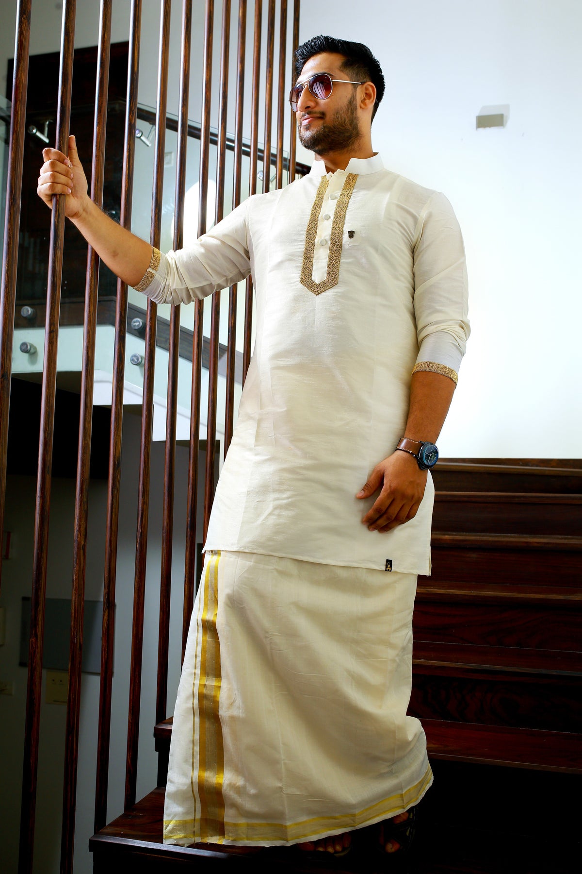 Off White Silk Kurta Set with Hand Work Detailing on Placket  (Kurta + Kasavu Munde)