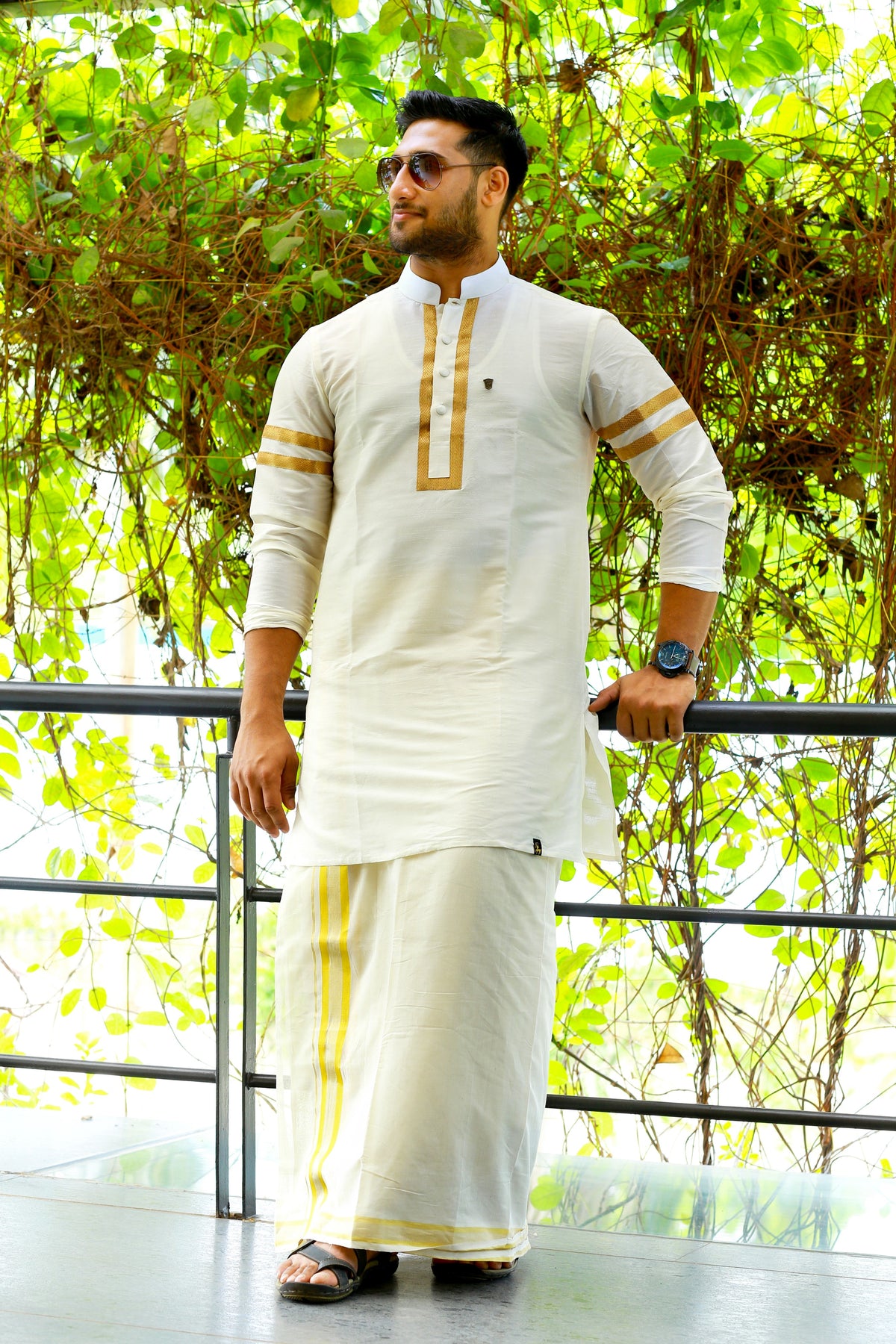 Off White Silk Kurta Set with Golden Zari Detailing on Placket & Sleeves  (Kurta + Kasavu Munde)