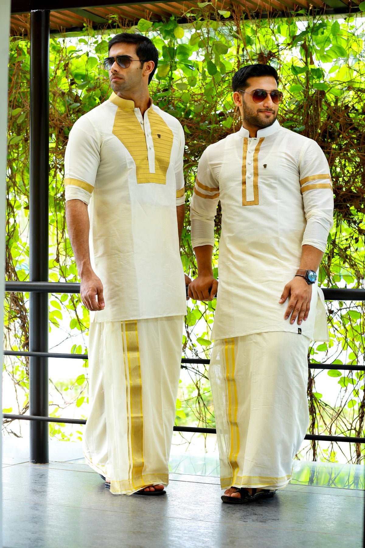 Off White Silk Kurta Set with Golden Zari Detailing on Placket & Sleeves  (Kurta + Kasavu Munde)