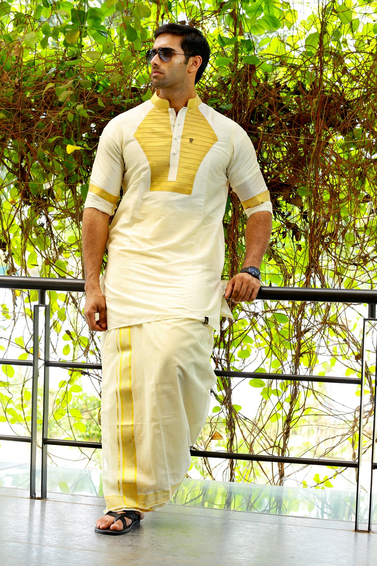Off White Silk Kurta Set with Heavy Golden Zari Detailing on Chest & Sleeves  (Kurta Only)