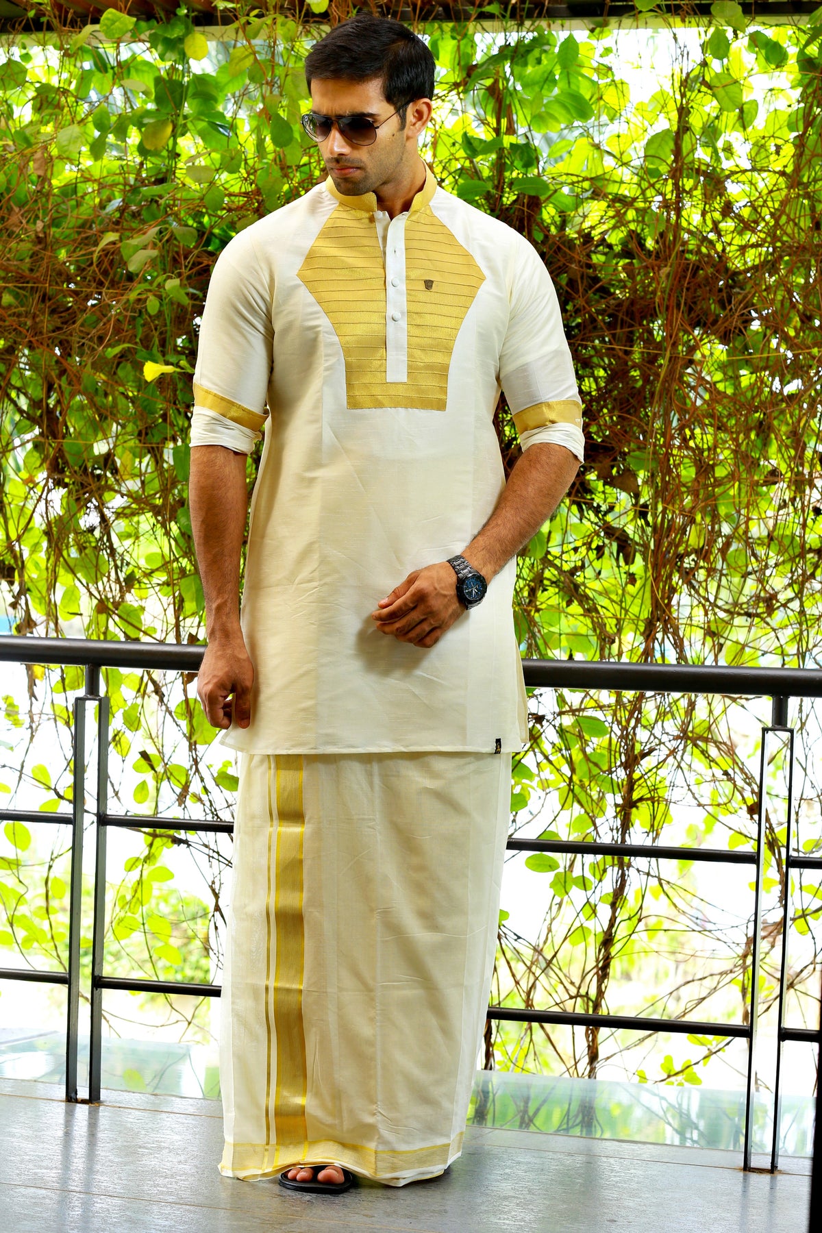 Off White Silk Kurta Set with Heavy Golden Zari Detailing on Chest & Sleeves  (Kurta Only)