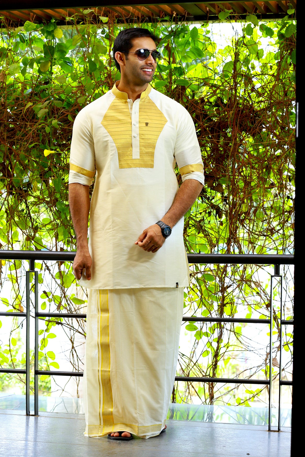 Off White Silk Kurta Set with Heavy Golden Zari Detailing on Chest & Sleeves  (Kurta Only)