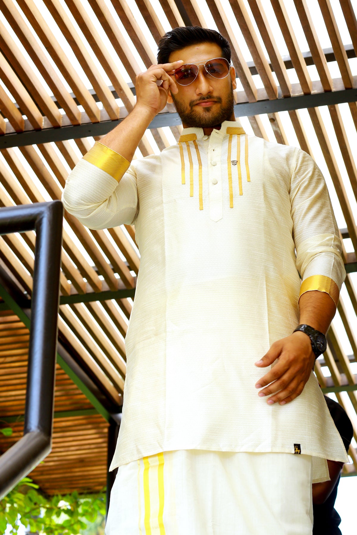 Off White Silk Kurta Set with Vertical Golden Zari Line Detailing on Chest & Sleeves  (Kurta + Kasavu Munde)