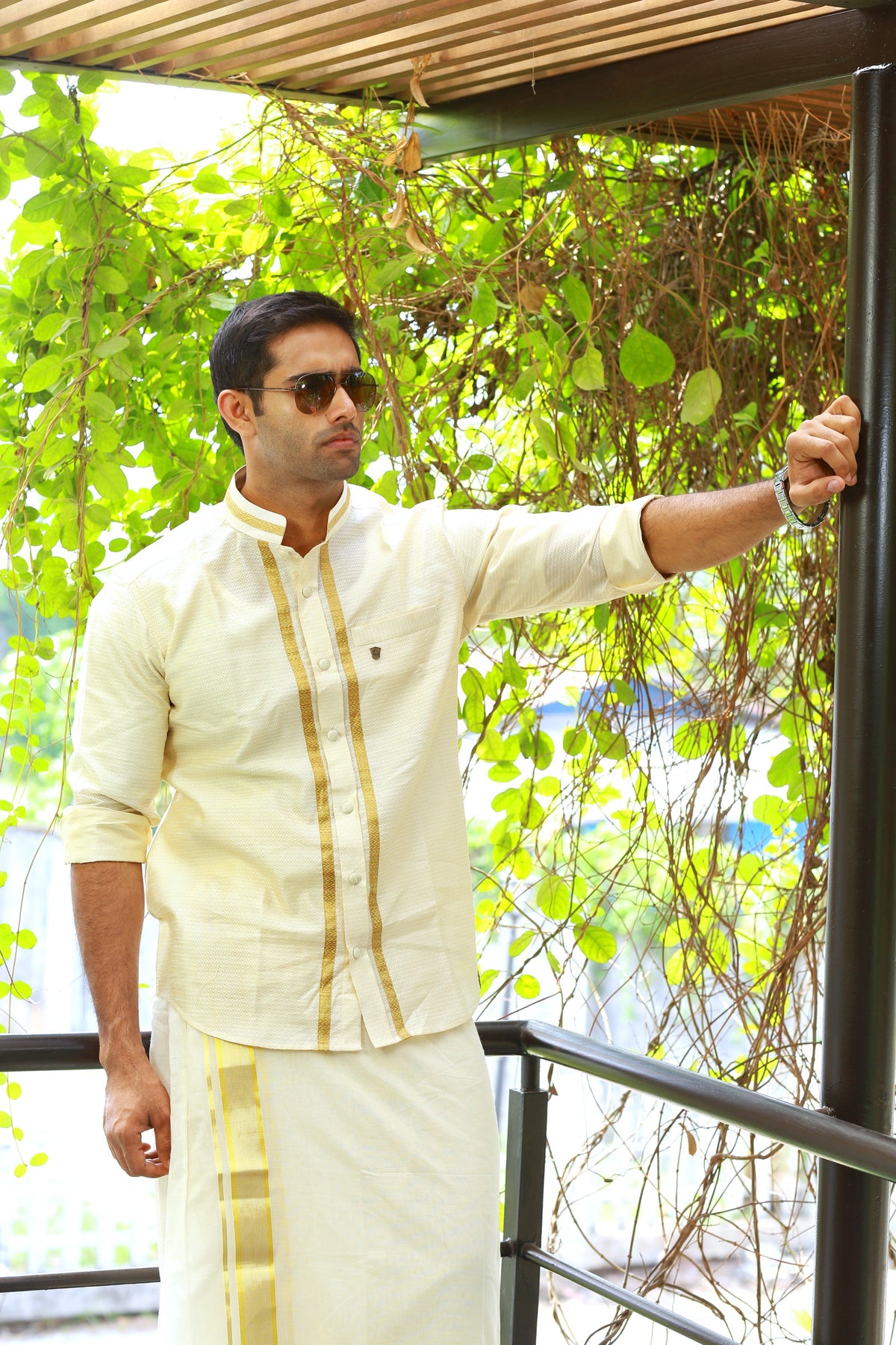 Off White Dotted Silk Chinese Collar Shirt with Gold Zari Detailing (Shirt + Kasavu Munde )