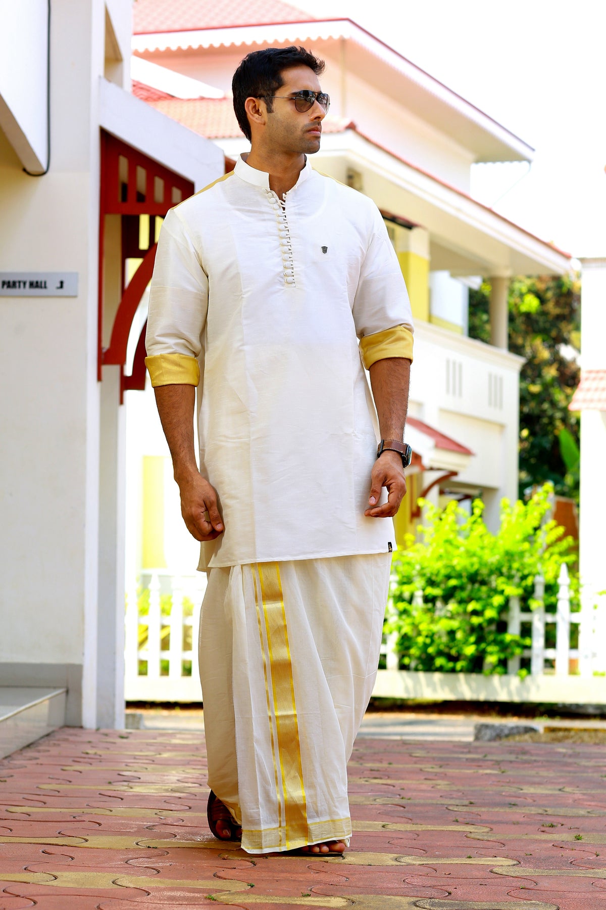 Off White Silk Kurta  With Golden Zari Detailing on Shoulder & Sleeves  (Only Kurta)