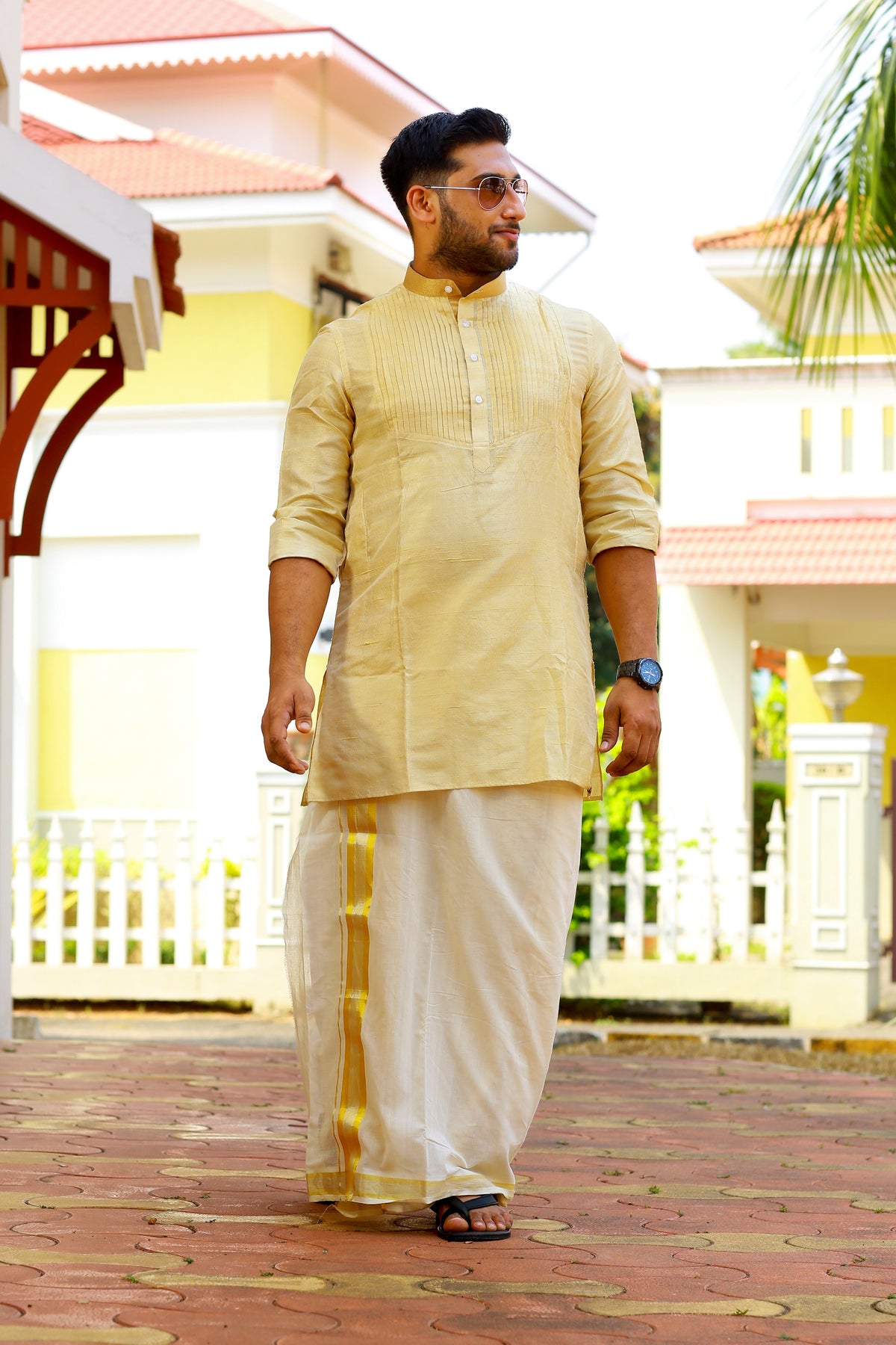 Golden Vertical Pleated Kurta  with Gold Zari Detailing on Neck (Only Kurta)