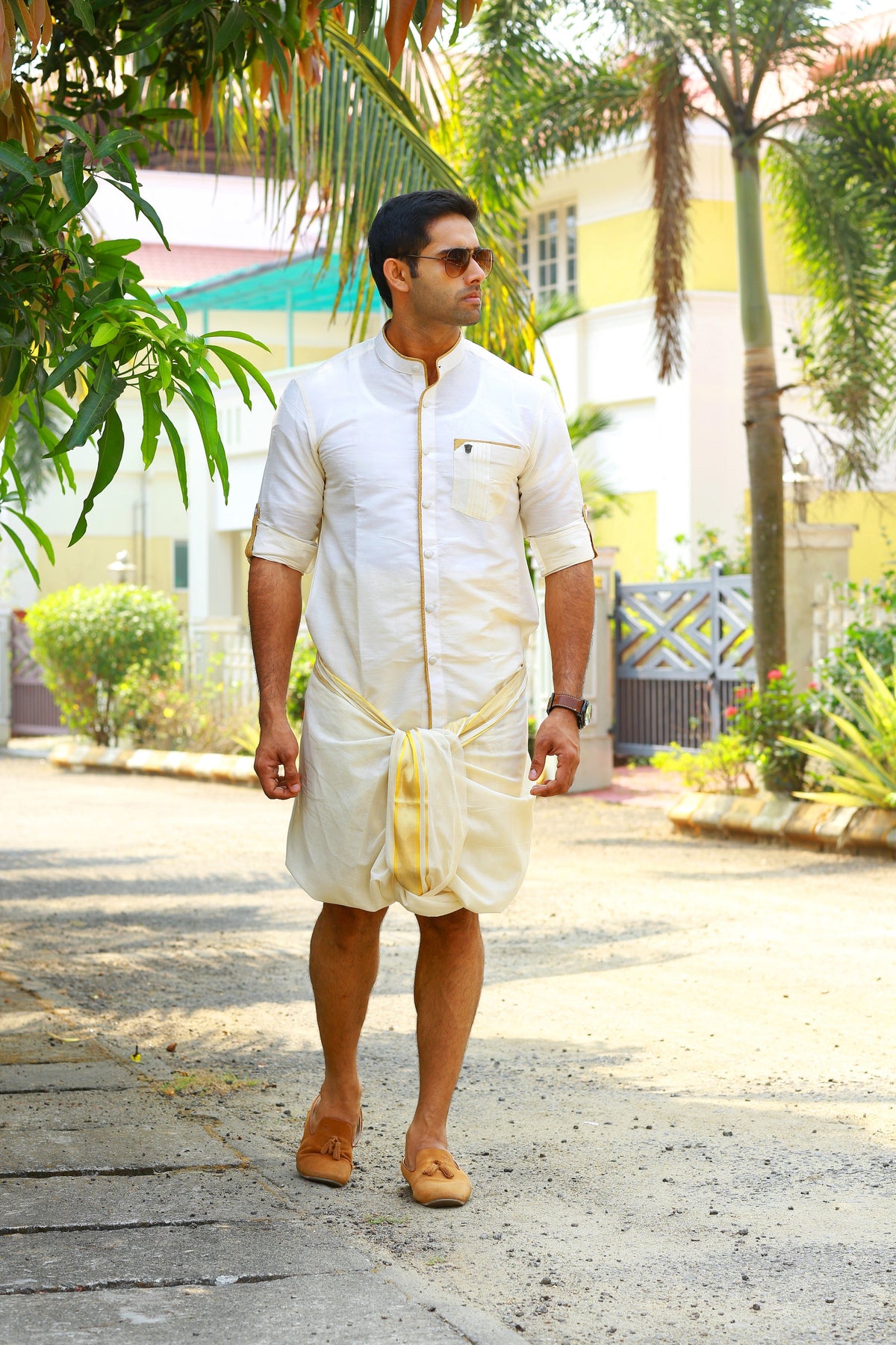 Off White Plain Silk Chinese Collar Shirt with Gold Zari Detailing (Shirt + Kasavu Munde )