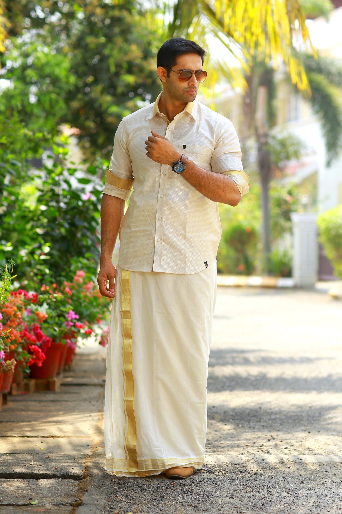 Off White Dotted Silk Cutaway Collar Shirt with Gold Zari Detailing (Shirt Only)