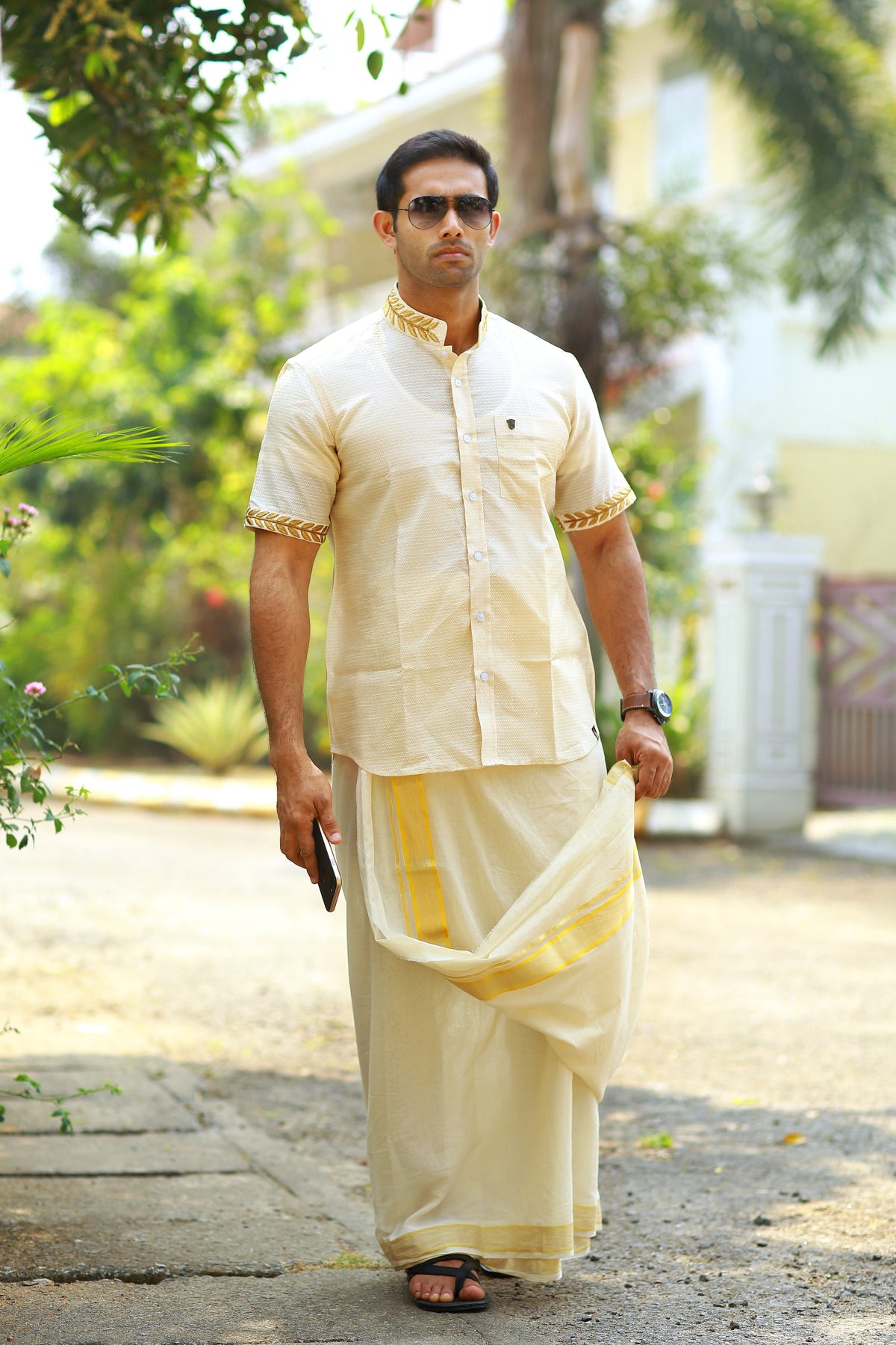 Off White Dotted Silk Chinese Collar Shirt with Gold Zari Detailing & Handwork Embroidery on Neck & Sleeves (Shirt + Kasavu Munde )