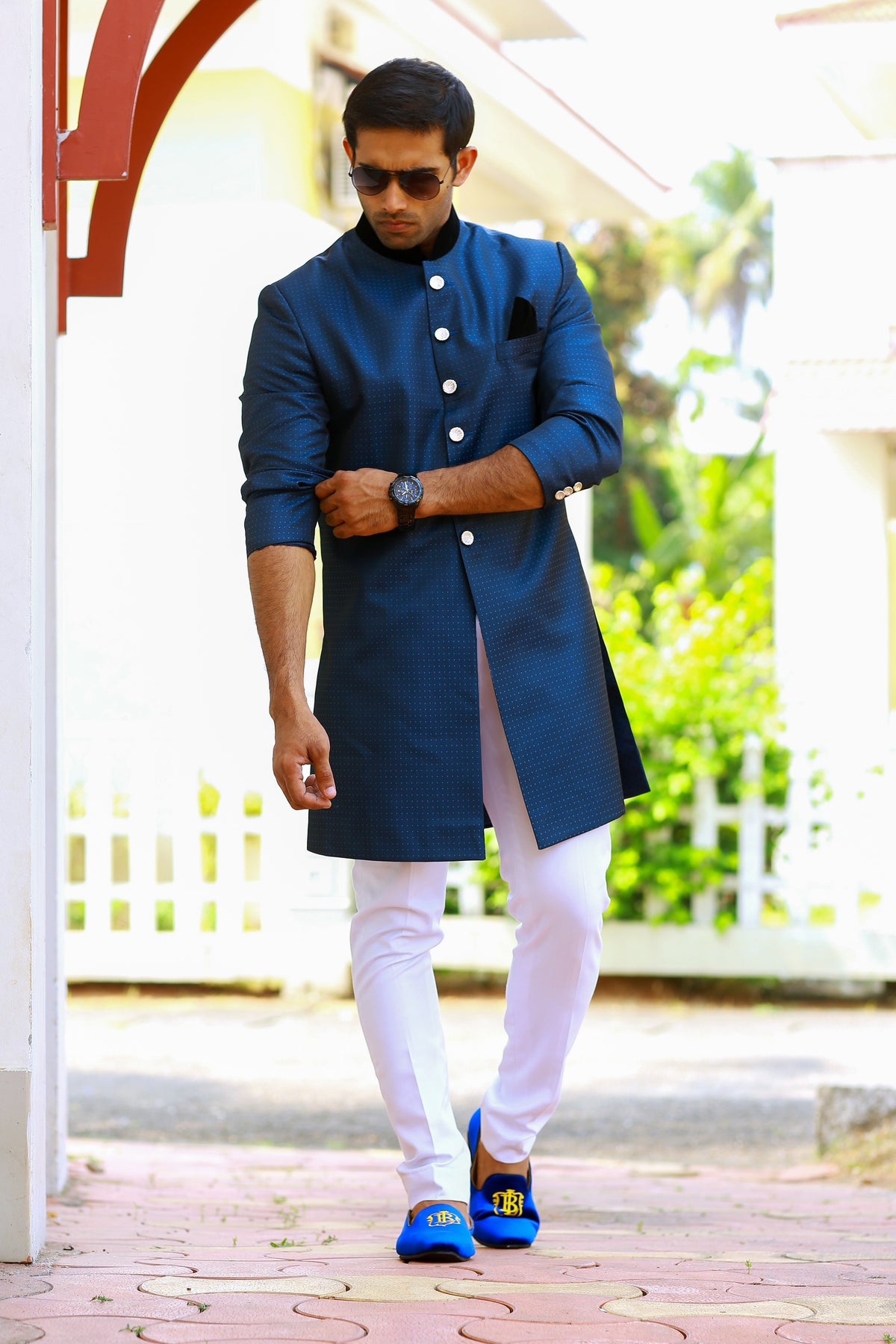 Dotted Oxford Blue Indo Western Slim Achkan Suit  paired with White Narrow Pants (Set of 2)
