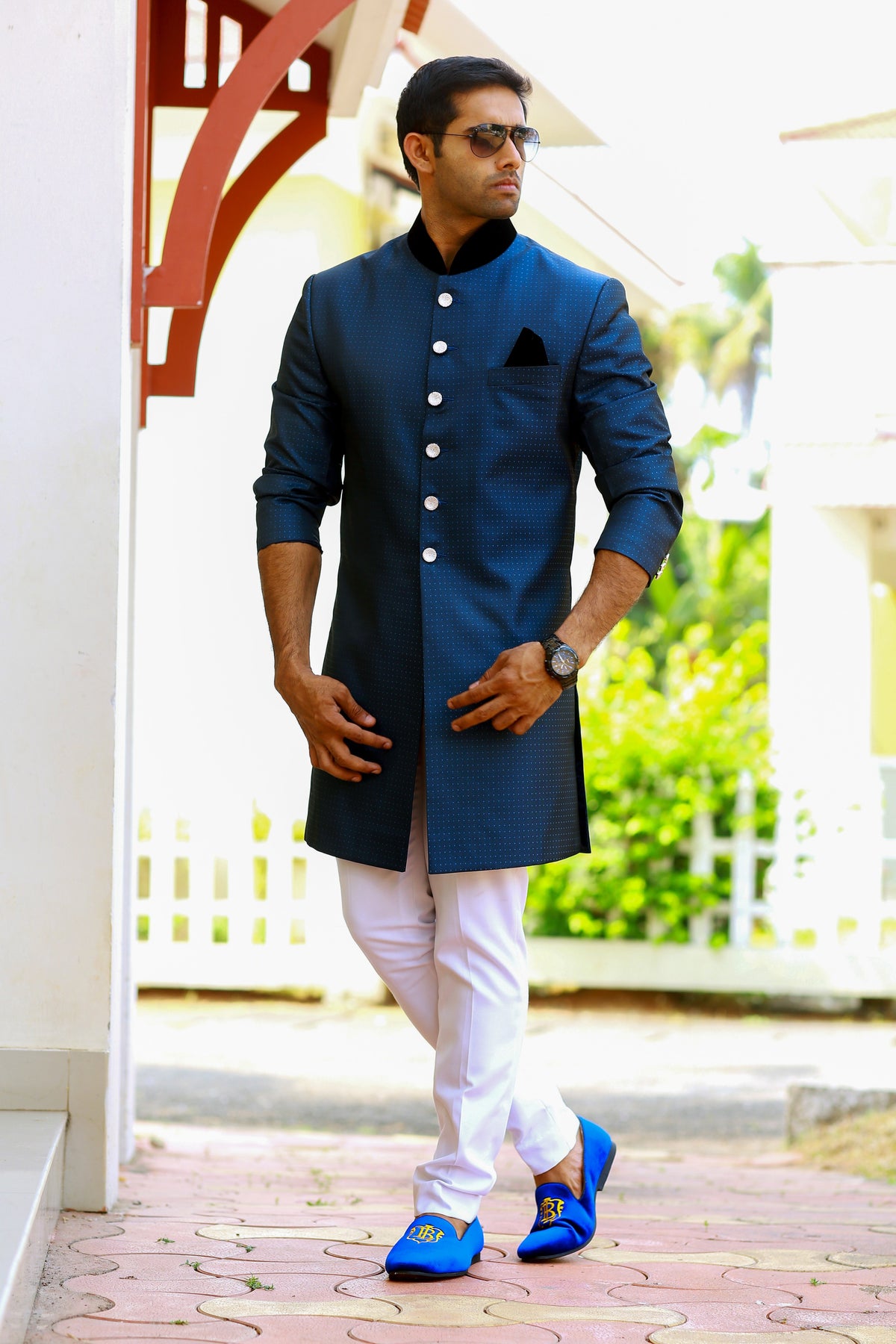 Dotted Oxford Blue Indo Western Slim Achkan Suit  paired with White Narrow Pants (Set of 2)