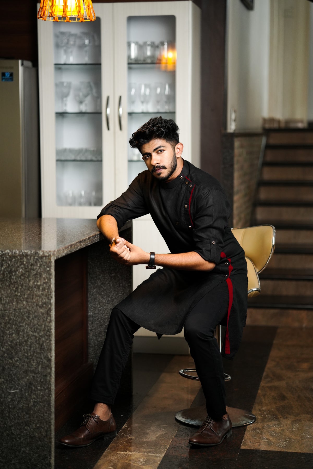 Side Full Open Black Kurta with Red Placket Detailing (Only Kurta)