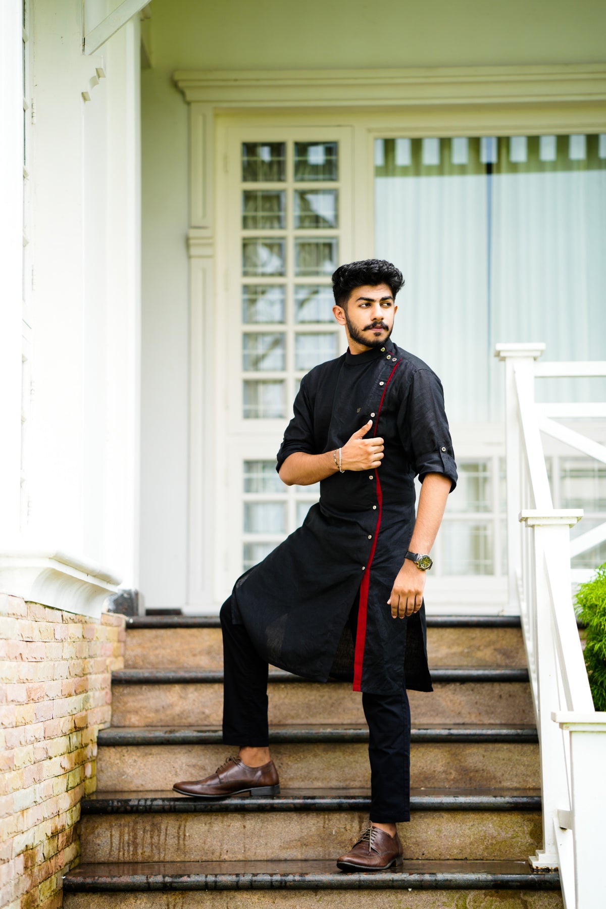 Side Full Open Black Kurta Set  with Red Placket Detailing (Kurta + Black Bottom Pants)
