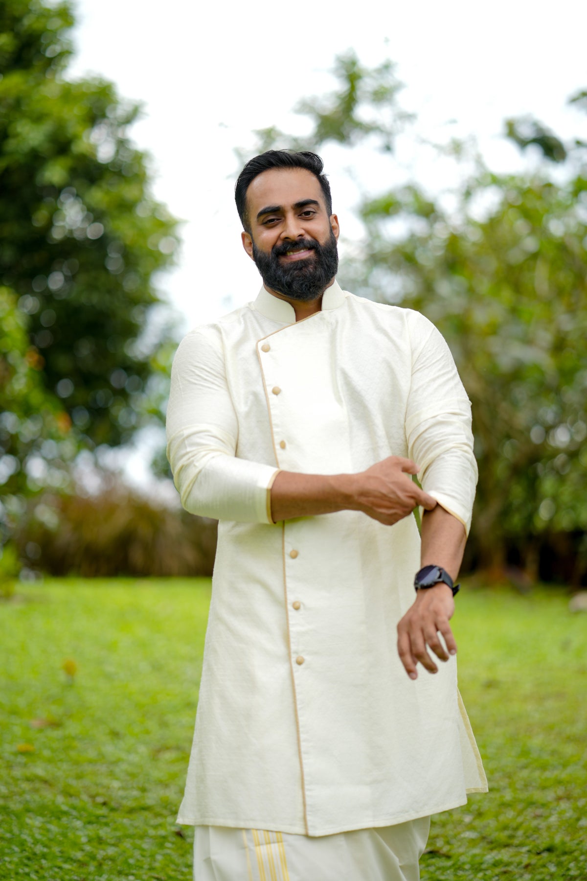 Ivory Cream Side Open Wedding  Kurta with Golden Pipping Detailing (Only Kurta)