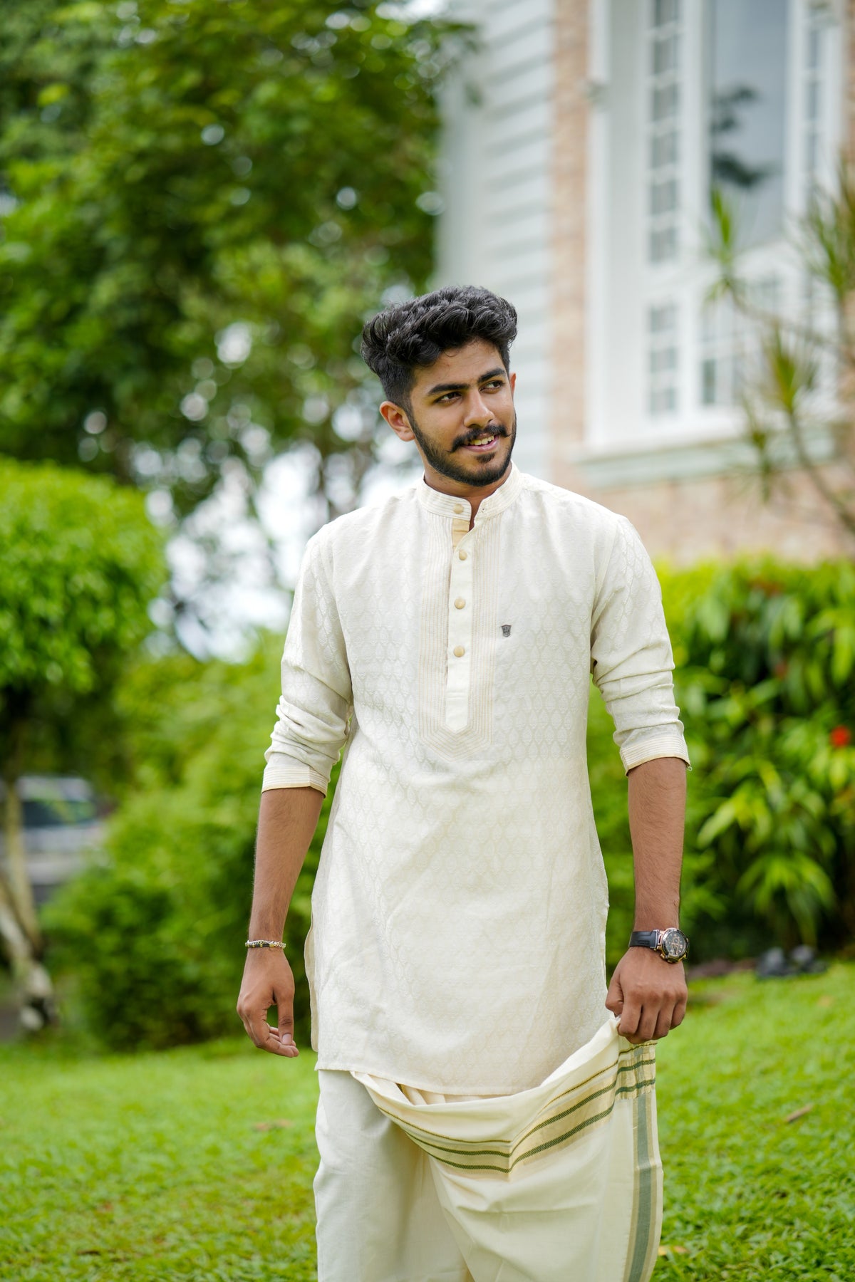 Off White Brocade Silk Kurta With Golden Zari Detailing (Only Kurta)