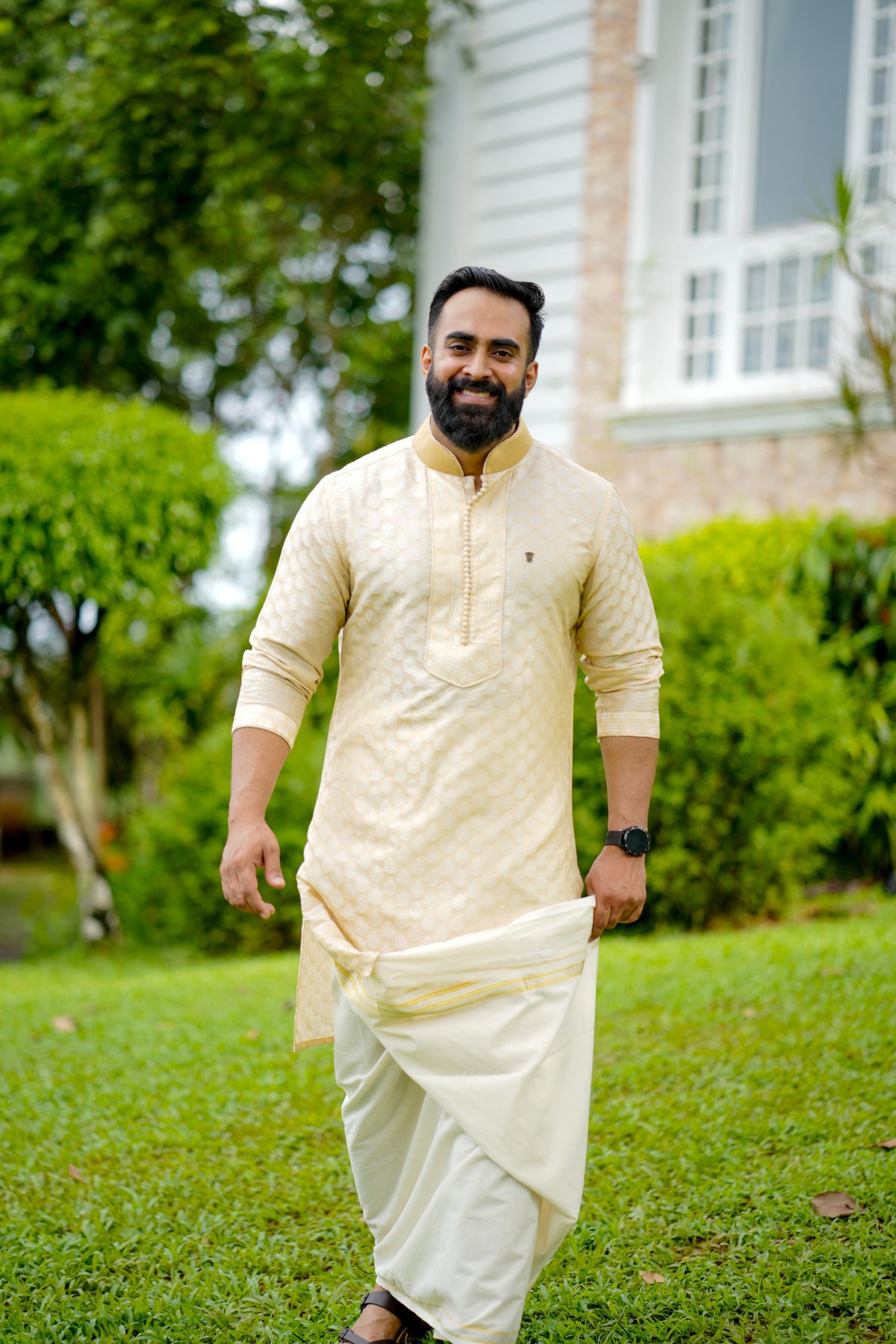 Light Golden Brocade  Kurta Set with Golden Zari Thread Detailing  (Kurta + Kasavu Munde)