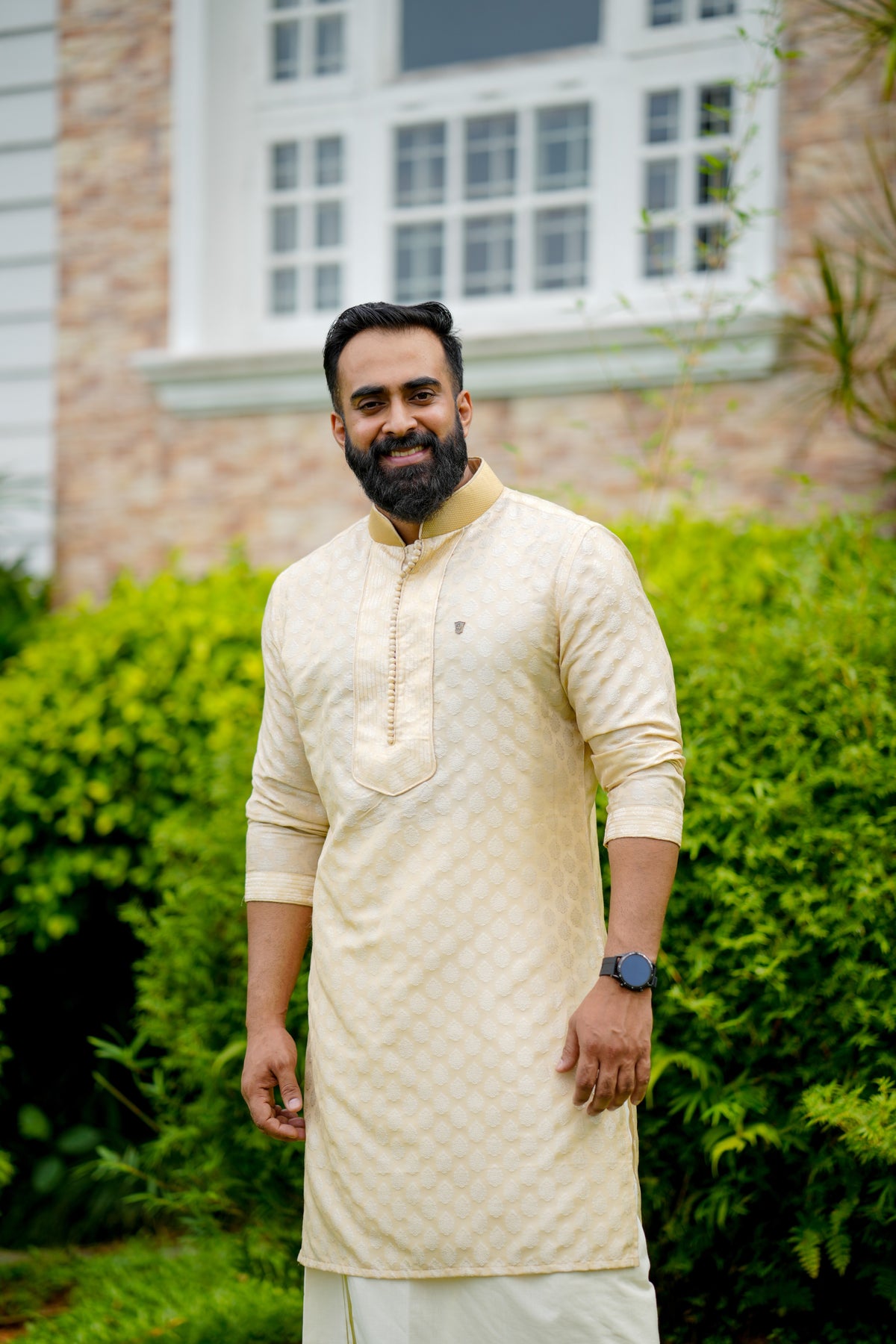 Light Golden Brocade  Kurta Set with Golden Zari Thread Detailing  (Kurta + Kasavu Munde)