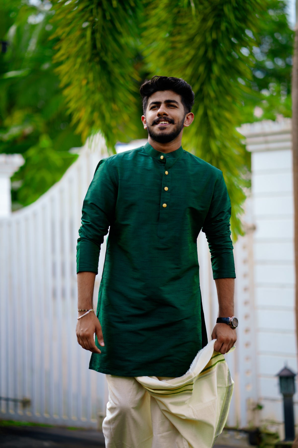 Pine Green Kurta Set with  Golden Button Detailing (Kurta + Kasavu Munde)