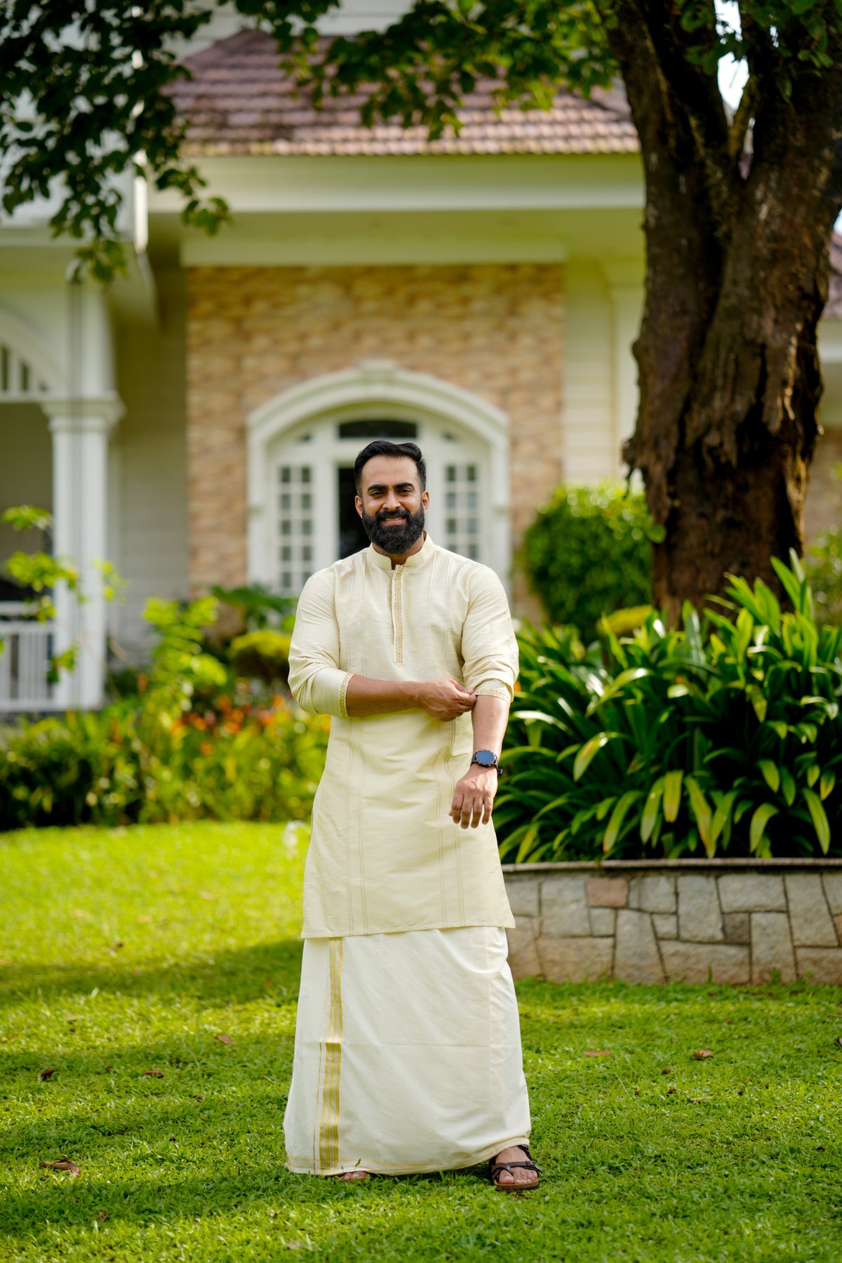 Parchment Cream Wedding Kurta Set with  Sequence & Zari Thread Golden Detailing  (Kurta + Kasavu Munde)