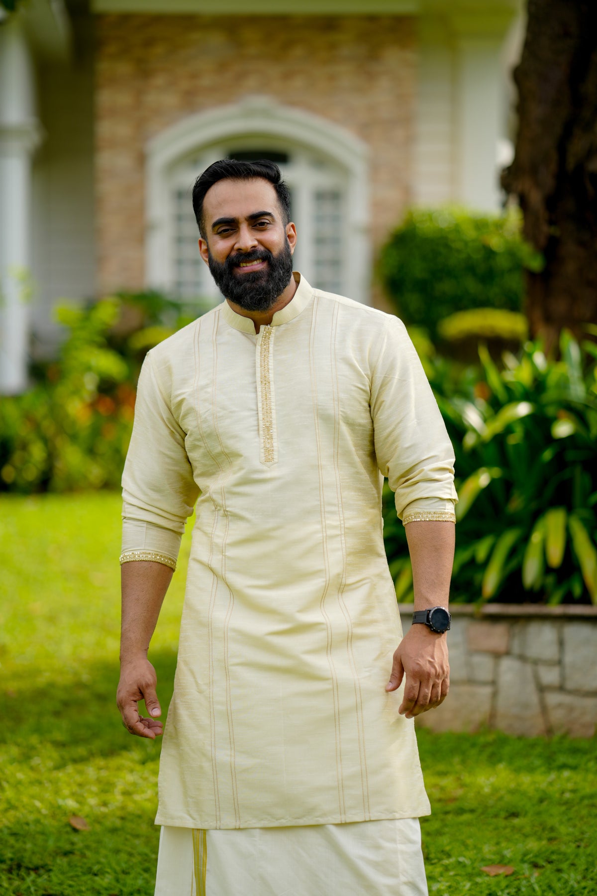 Parchment Cream Wedding Kurta Set with  Sequence & Zari Thread Golden Detailing  (Kurta + Kasavu Munde)