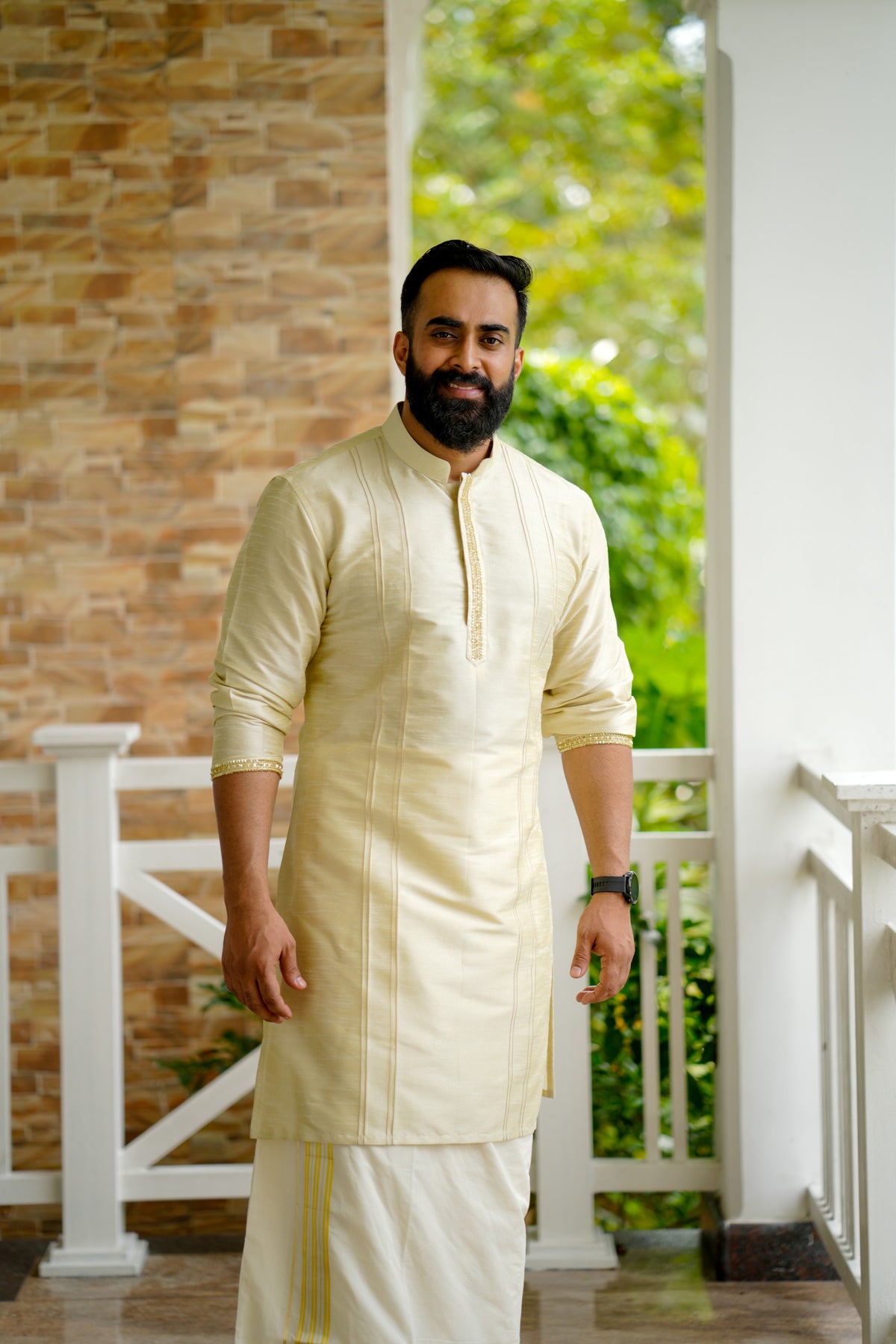Parchment Cream Wedding Kurta with Sequence & Zari Thread Golden Detailing (Only Kurta)
