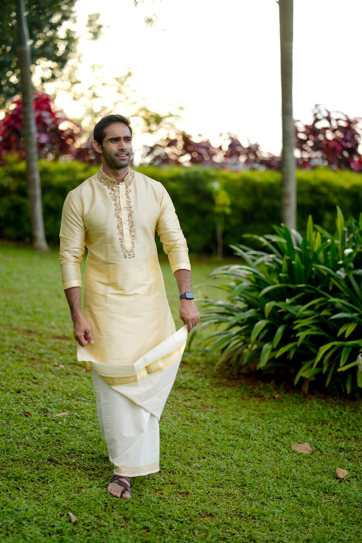 Light Golden Kurta with  Hand Work Detailing on Placket & Neck  (Only Kurta)