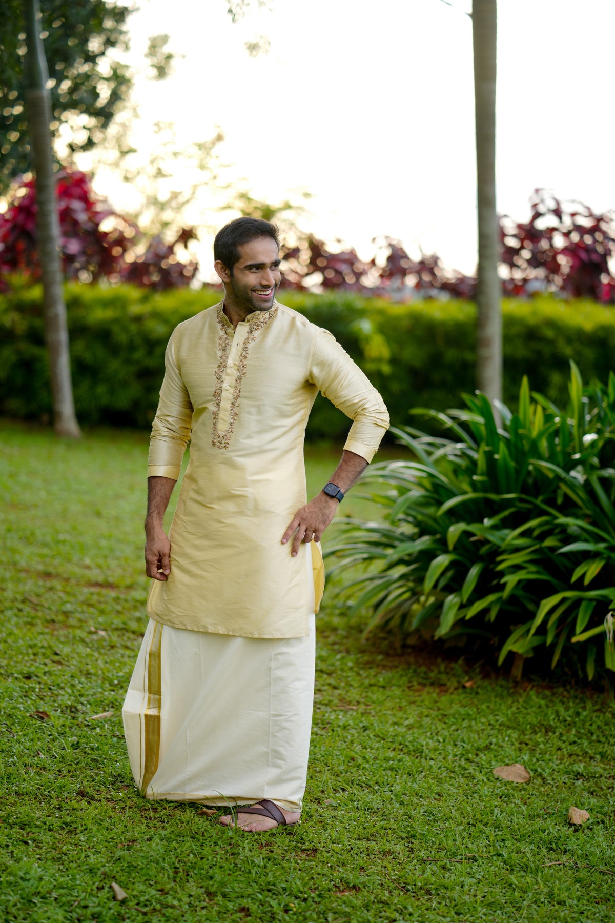 Light Golden Kurta Set with  Hand Work Detailing on Placket & Neck (Kurta + Kasavu Munde)