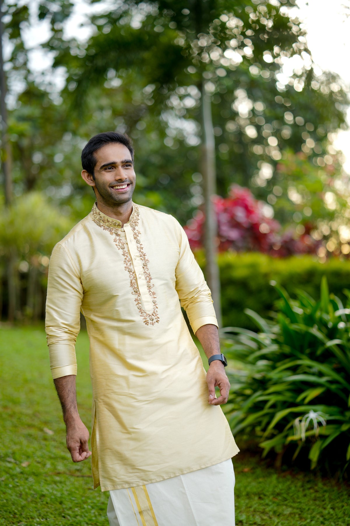 Light Golden Kurta with  Hand Work Detailing on Placket & Neck  (Only Kurta)