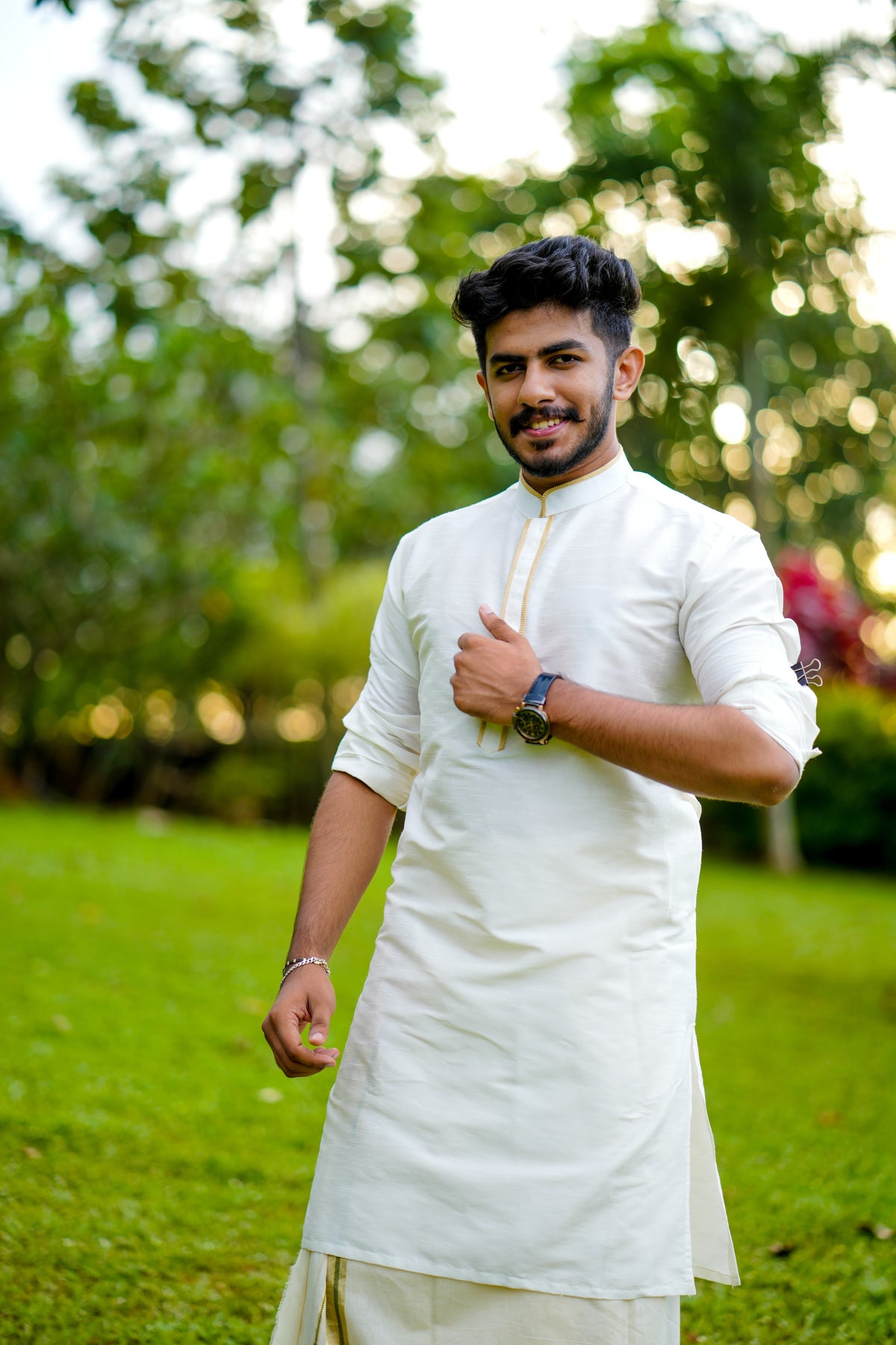 Off White Silk Kurta with Golden Pipping Detailing on Neck & Placket  (Only Kurta)