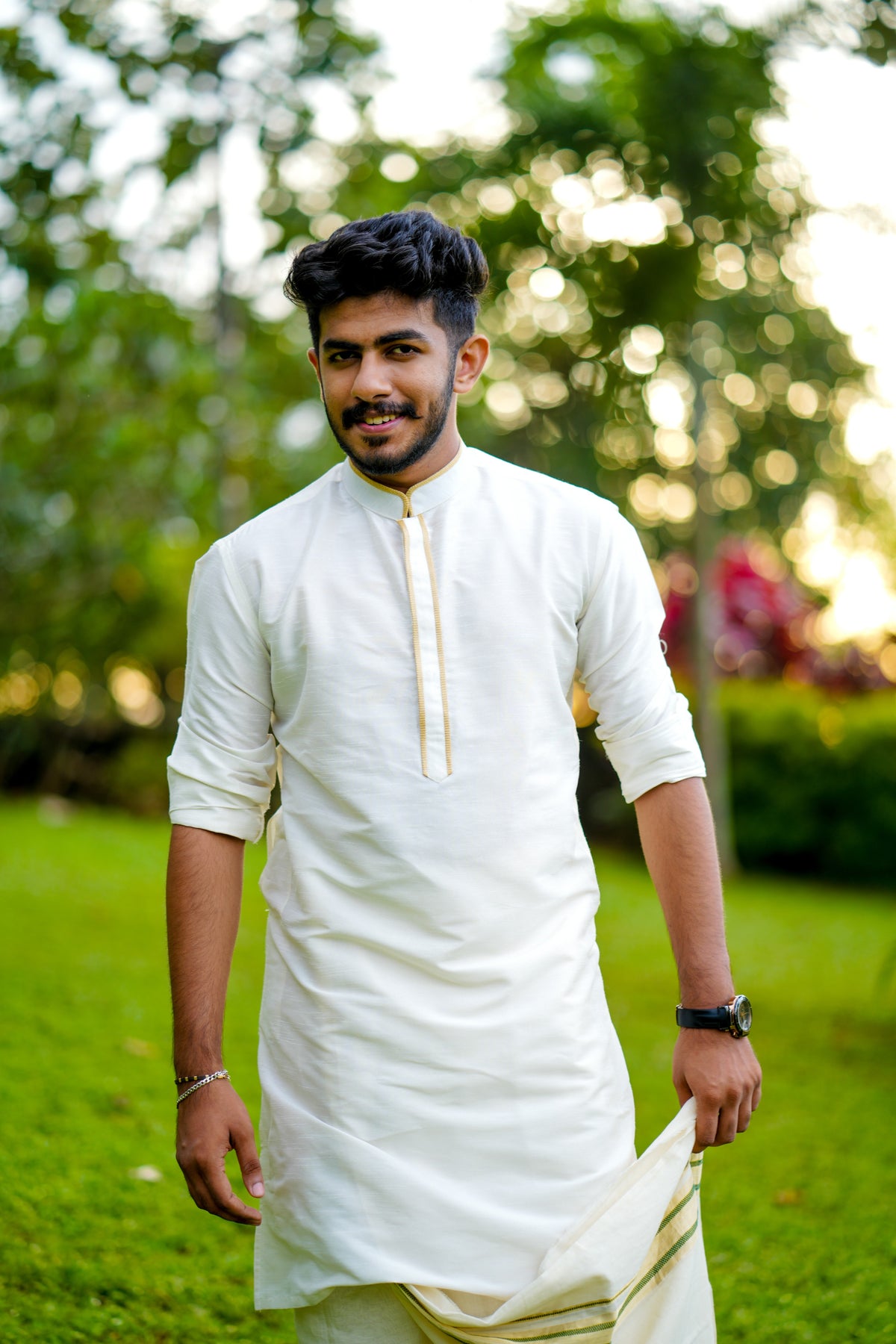 Off White Silk Kurta Set with Golden Pipping Detailing on Neck & Placket  (Kurta + Kasavu Munde)