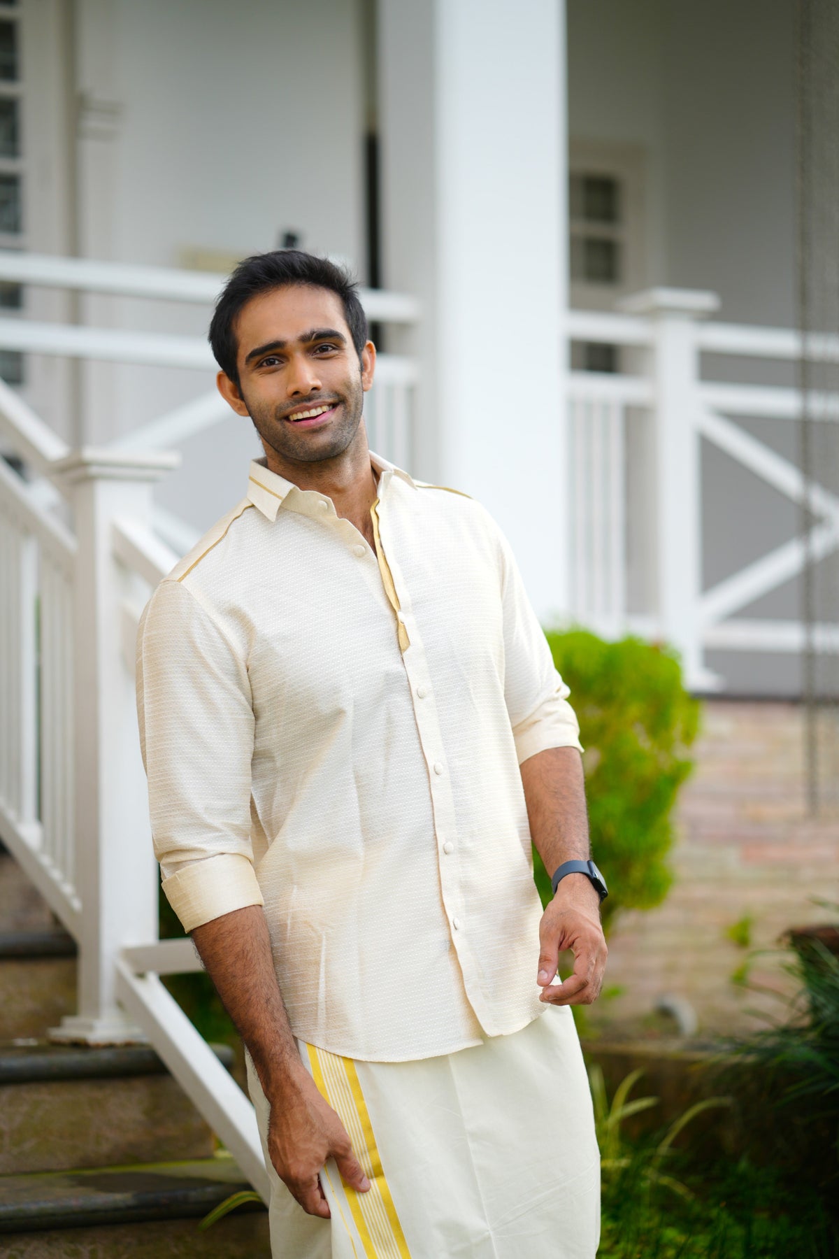 Off White Dotted Silk Cutaway Collar Shirt with Gold Zari Detailing (Shirt + Kasavu Munde )