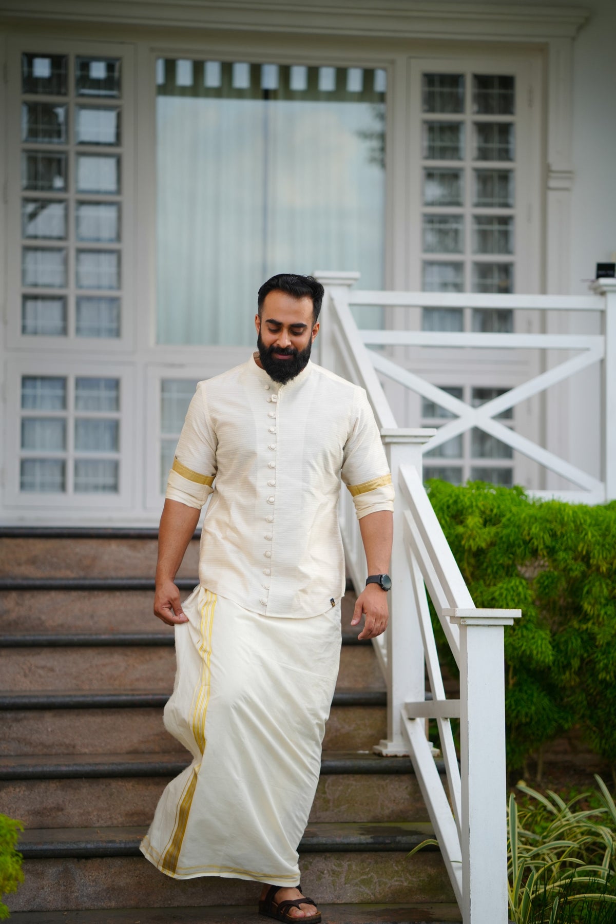 Off White Dotted Silk Chinese Collar Shirt with Gold Zari Detailing (Shirt + Kasavu Munde )