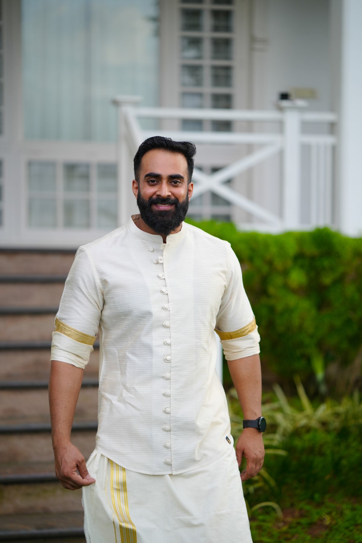 Off White Dotted Silk Chinese Collar Shirt with Gold Zari Detailing (Shirt Only)