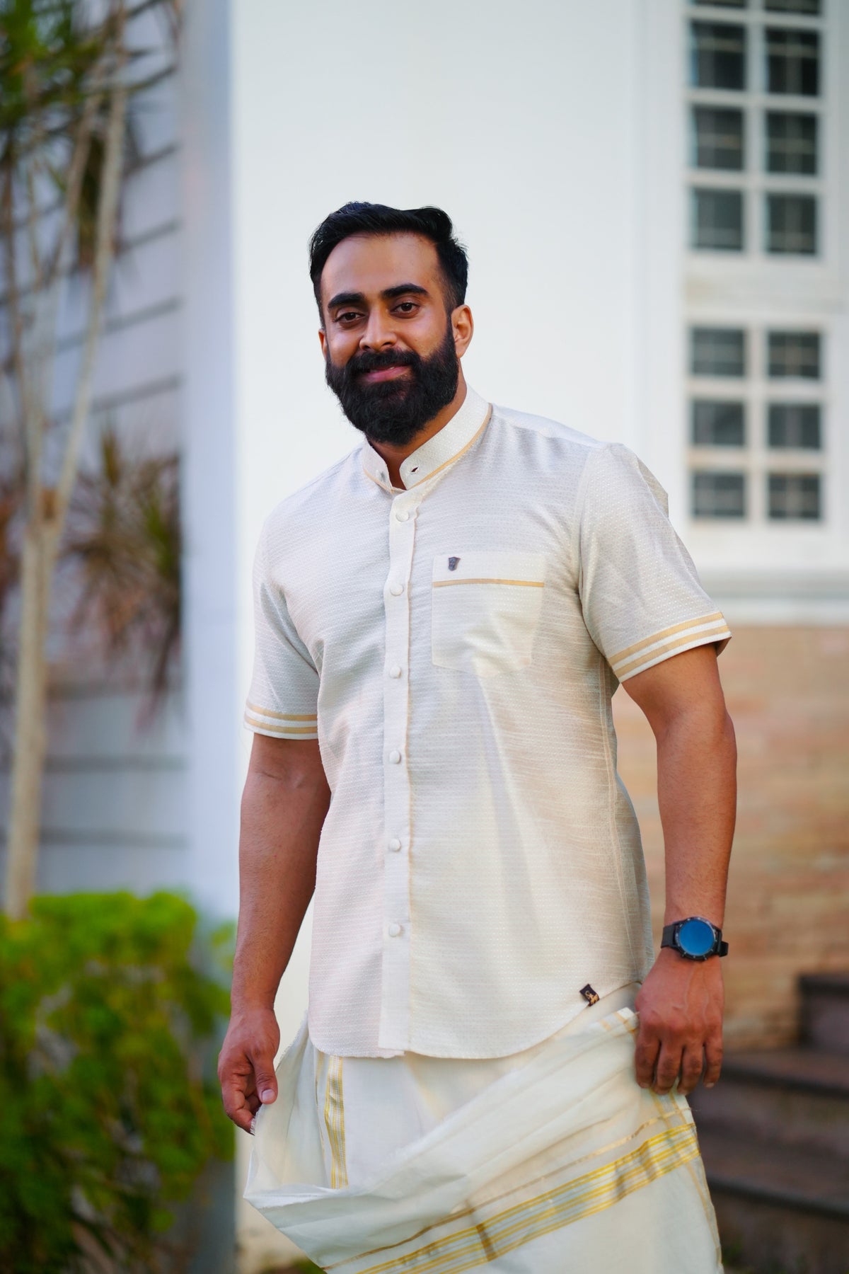 Off White Dotted Silk Chinese Collar Short Sleeve Shirt with Gold Zari Detailing (Shirt + Kasavu Munde )