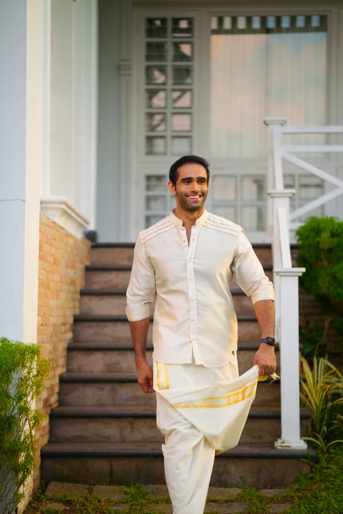 Off White Dotted Silk Chinese Collar Shirt with Gold Zari Detailing (Shirt + Kasavu Munde )