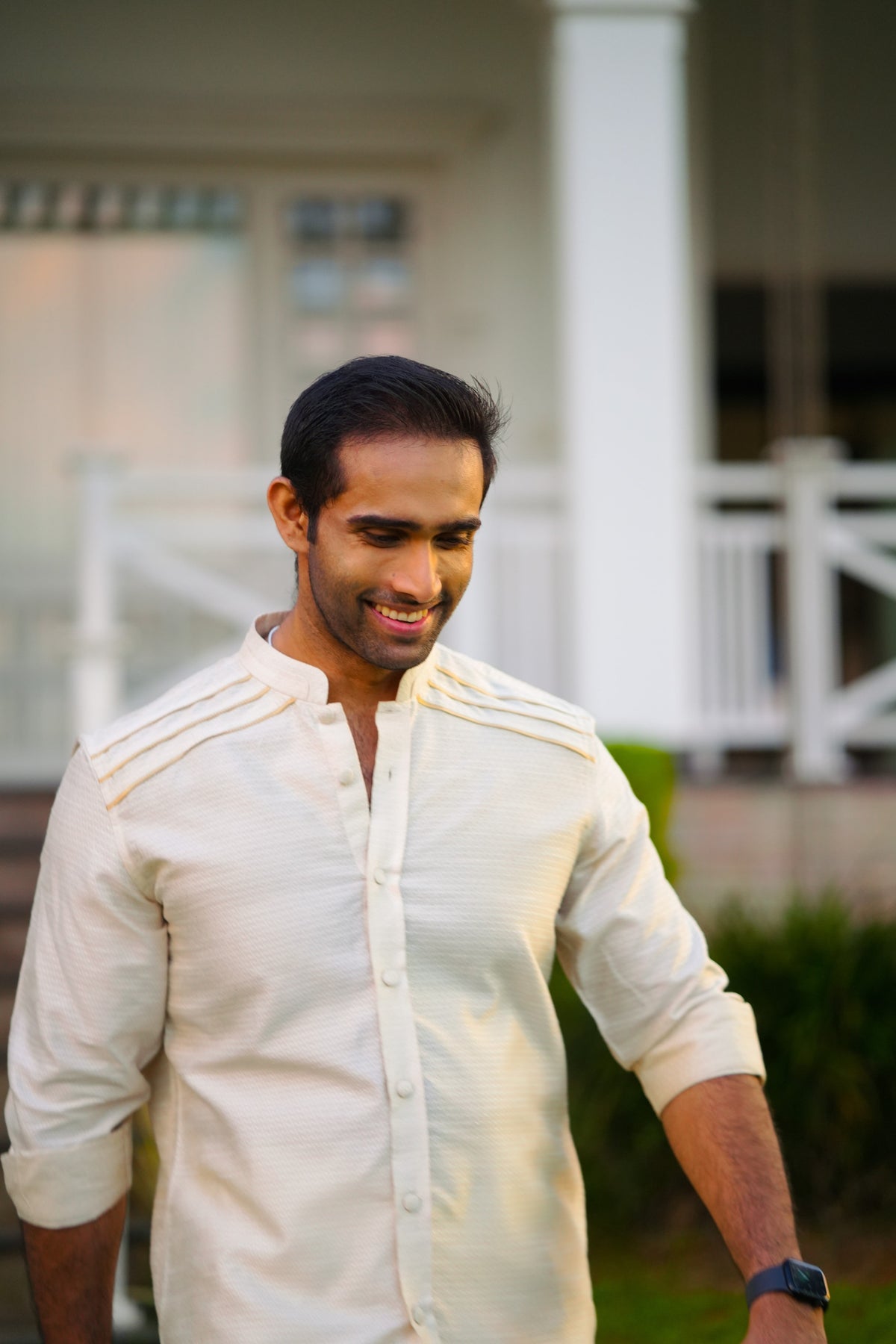 Off White Dotted Silk Chinese Collar Shirt with Gold Zari Detailing (Shirt + Kasavu Munde )