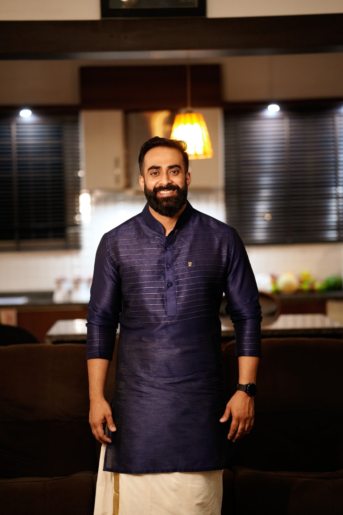 Dark Blue Kurta Set with Horizontal  Golden Zari Tucks   (Kurta + Kasavu Munde)
