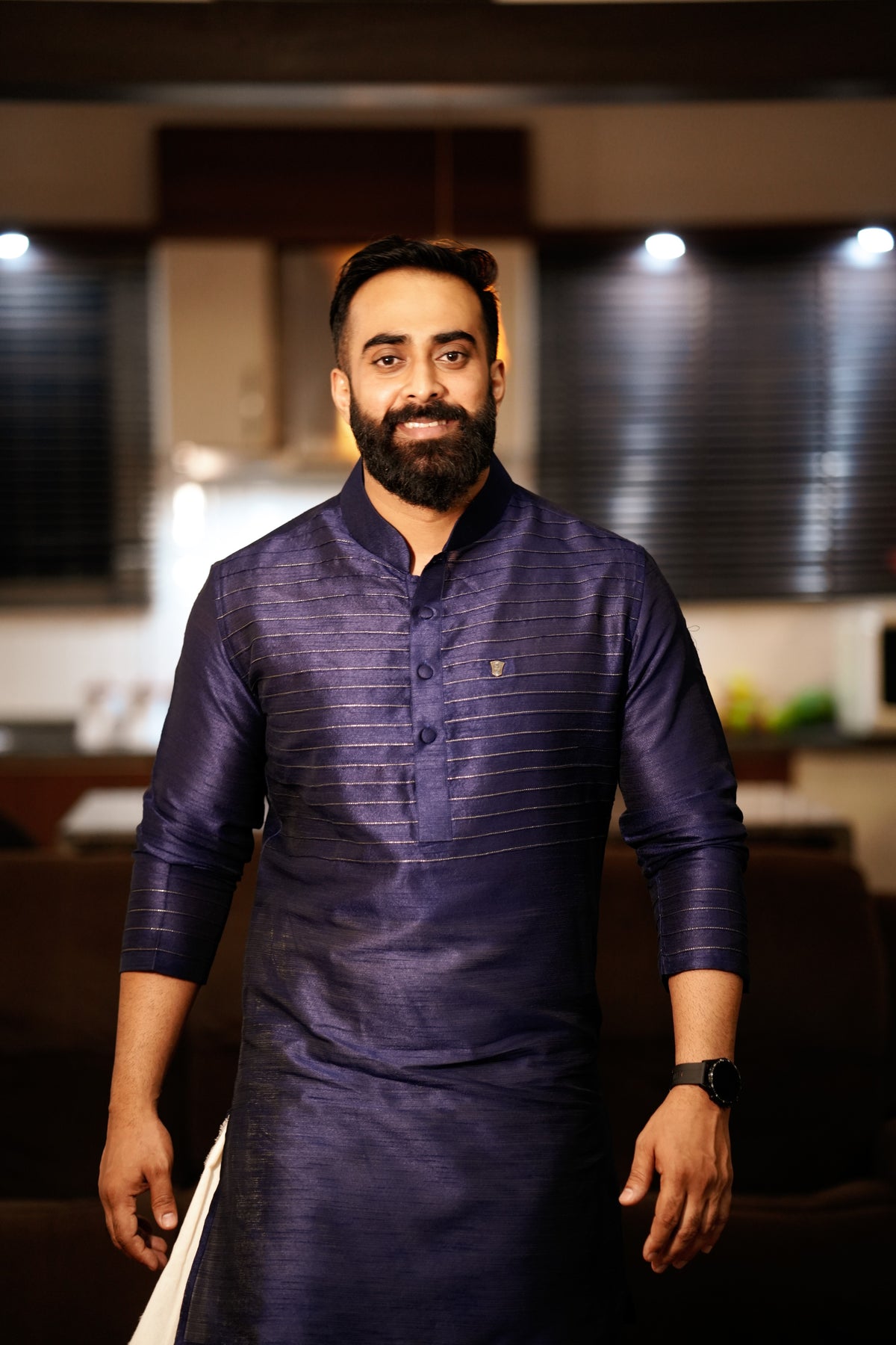 Dark Blue Kurta with Horizontal  Golden Zari Tucks  (Only Kurta)
